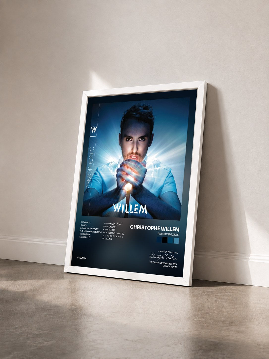 #blanc Tableau de l'album Prismophonic de Christophe Willem vu de trois quarts, cadre blanc
