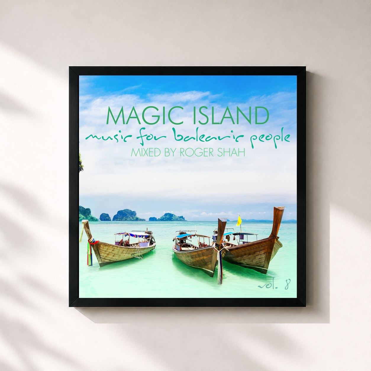 #noir Tableau carré de l'album Magic Island - Music for Balearic People, Vol. 8 de Roger Shah, cadre noir 32x32 cm