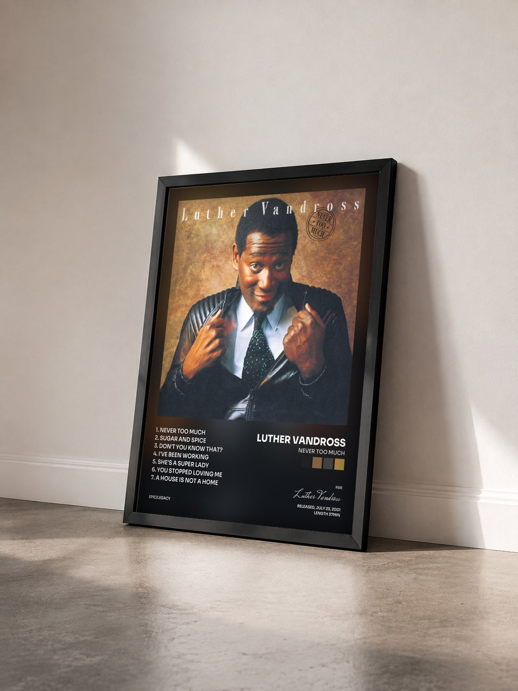#noir Tableau de l'album Never Too Much de Luther Vandross vu de trois quarts, cadre noir
