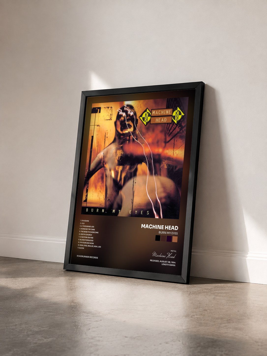 #noir Tableau de l'album Burn My Eyes de Machine Head vu de trois quarts, cadre noir