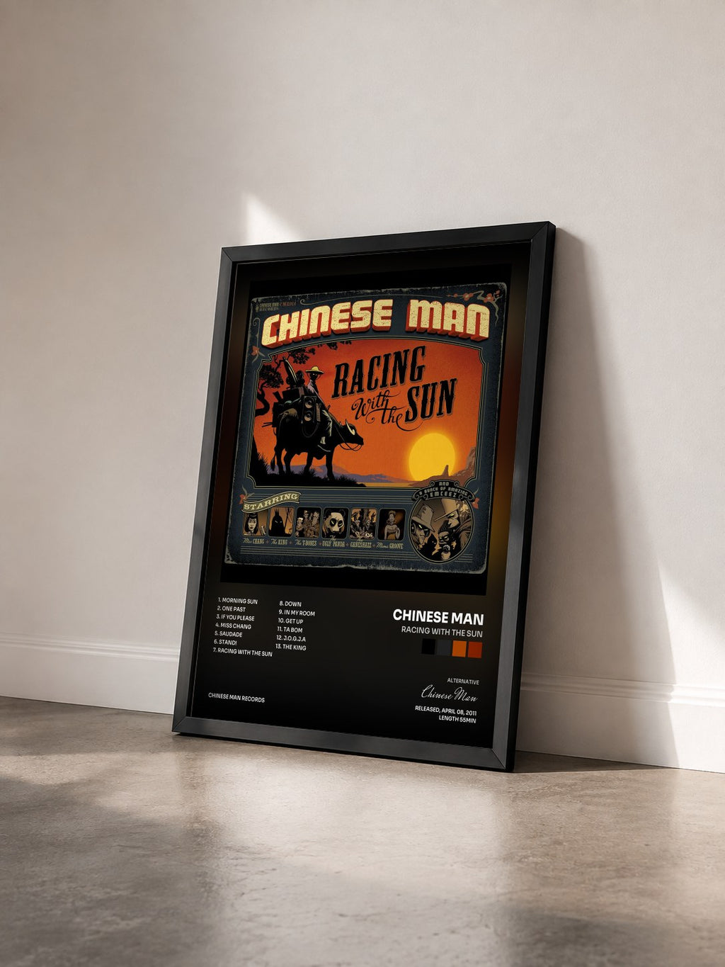 #noir Racing With the Sun by Chinese Man as a framed art print seen at an angle, black frame