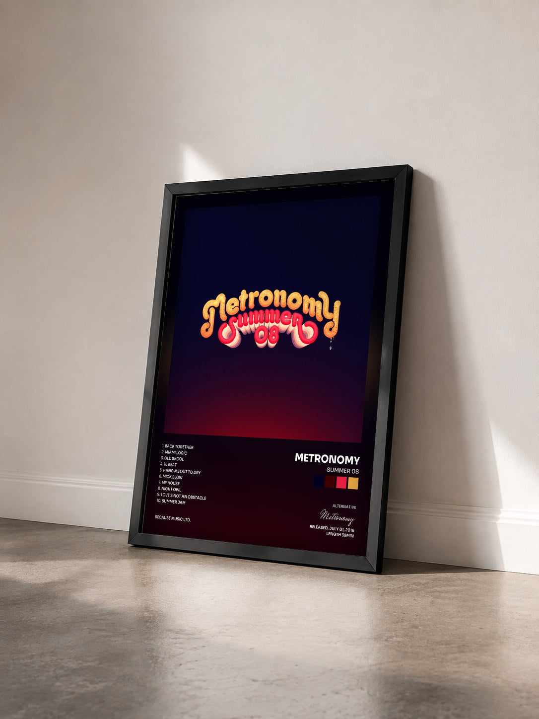#noir Tableau de l'album Summer 08 de Metronomy vu de trois quarts, cadre noir