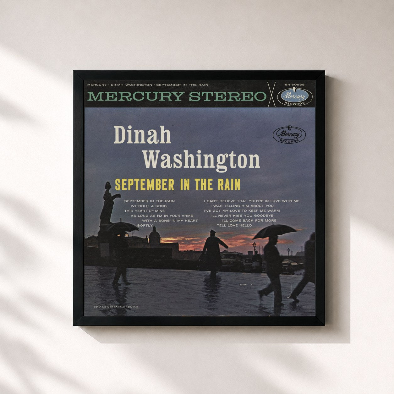#noir Tableau carré de l'album September In The Rain de Dinah Washington, cadre noir 32x32 cm