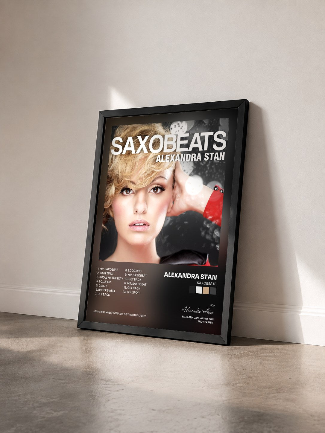 #noir Tableau de l'album Saxobeats de Alexandra Stan vu de trois quarts, cadre noir