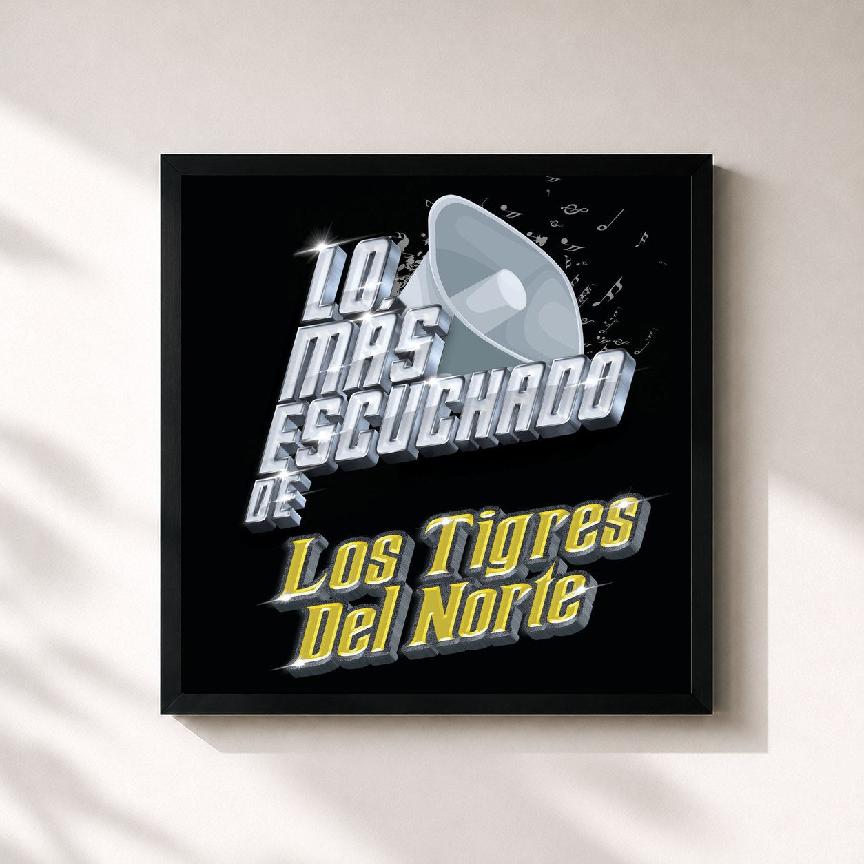 #noir Tableau carré de l'album Lo Más Escuchado De de Los Tigres del Norte, cadre noir 32x32 cm