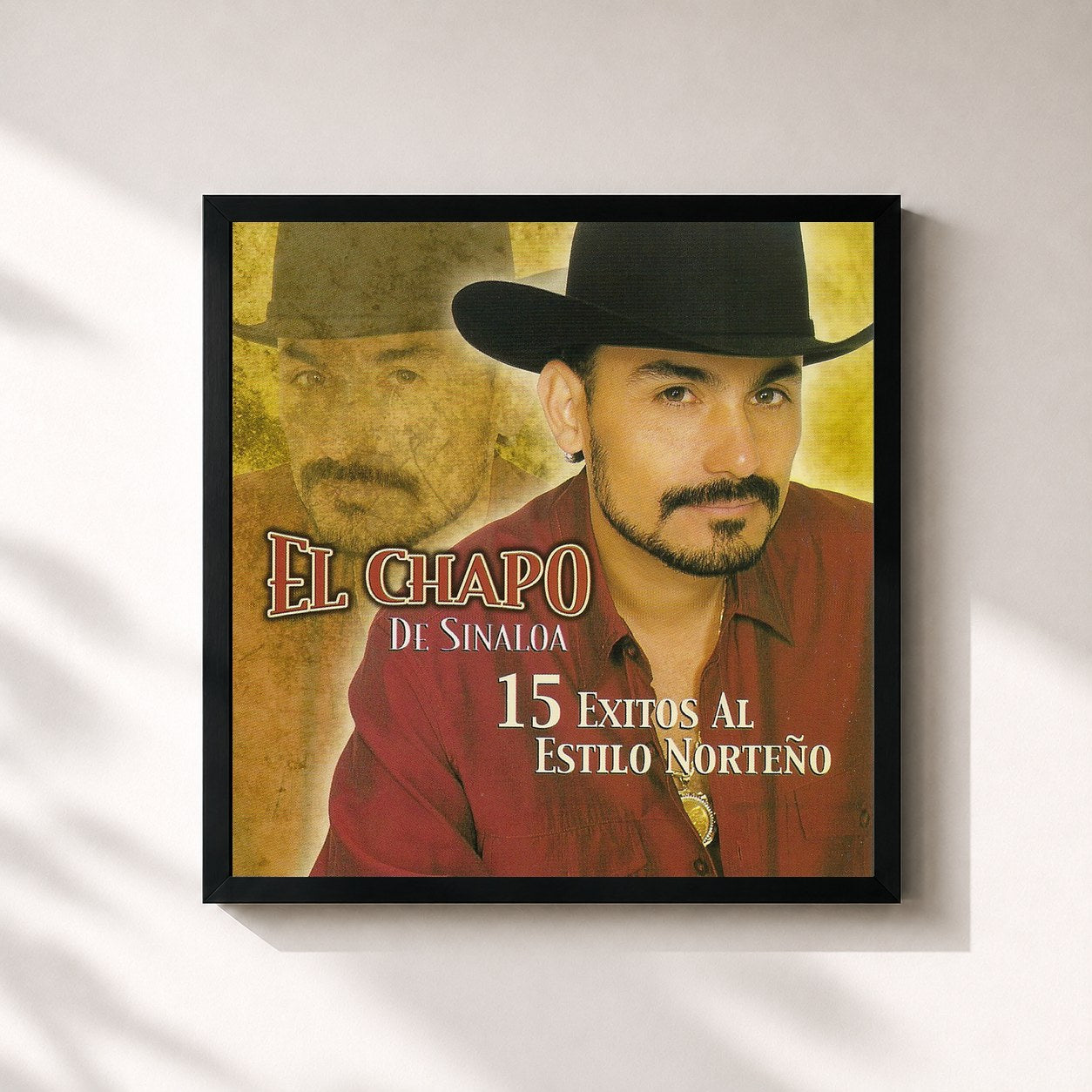 #noir Tableau carré de l'album 15 Exitos al Estilo Norteno de El Chapo De Sinaloa, cadre noir 32x32 cm