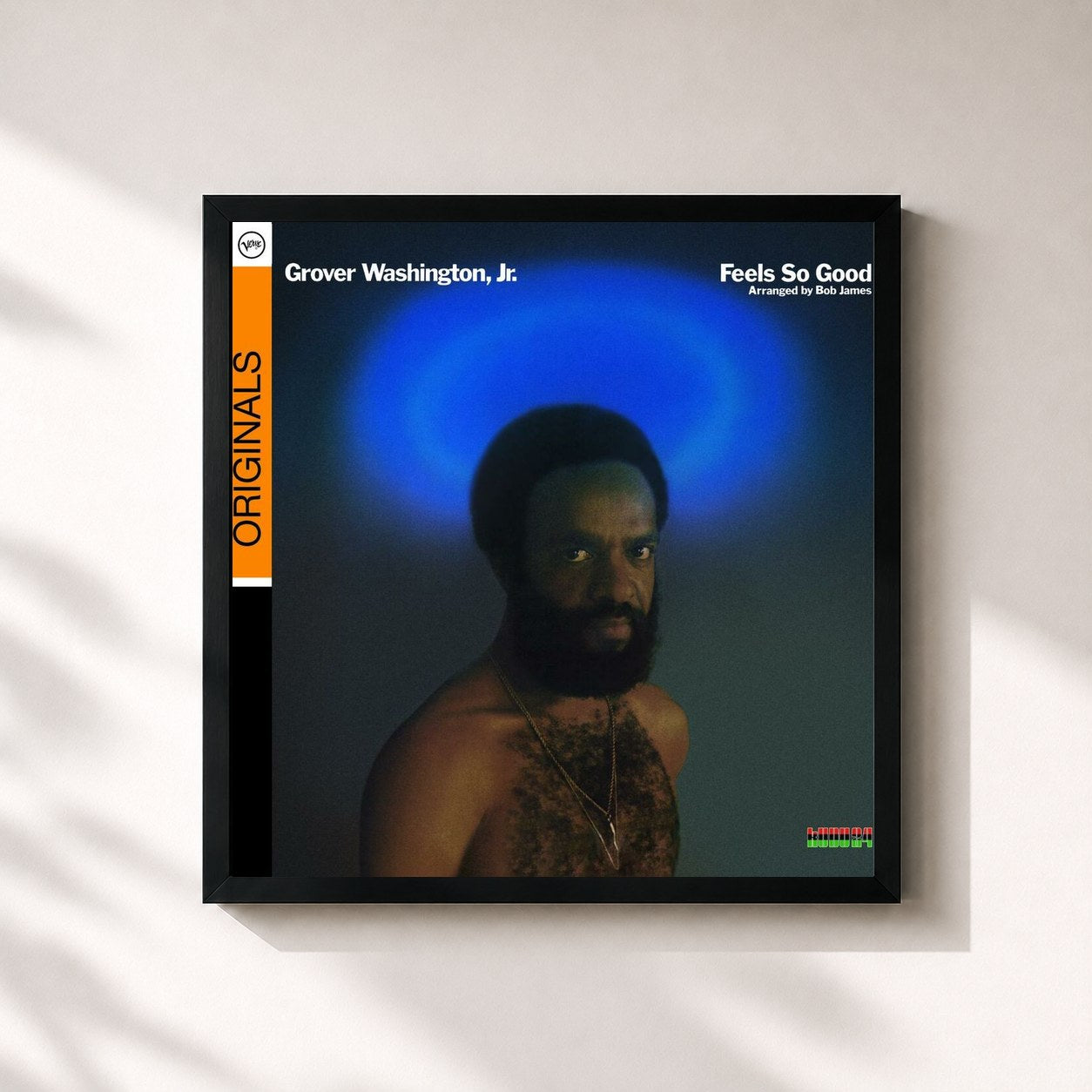 #noir Tableau carré de l'album Feels So Good de Grover Washington, Jr., cadre noir 32x32 cm