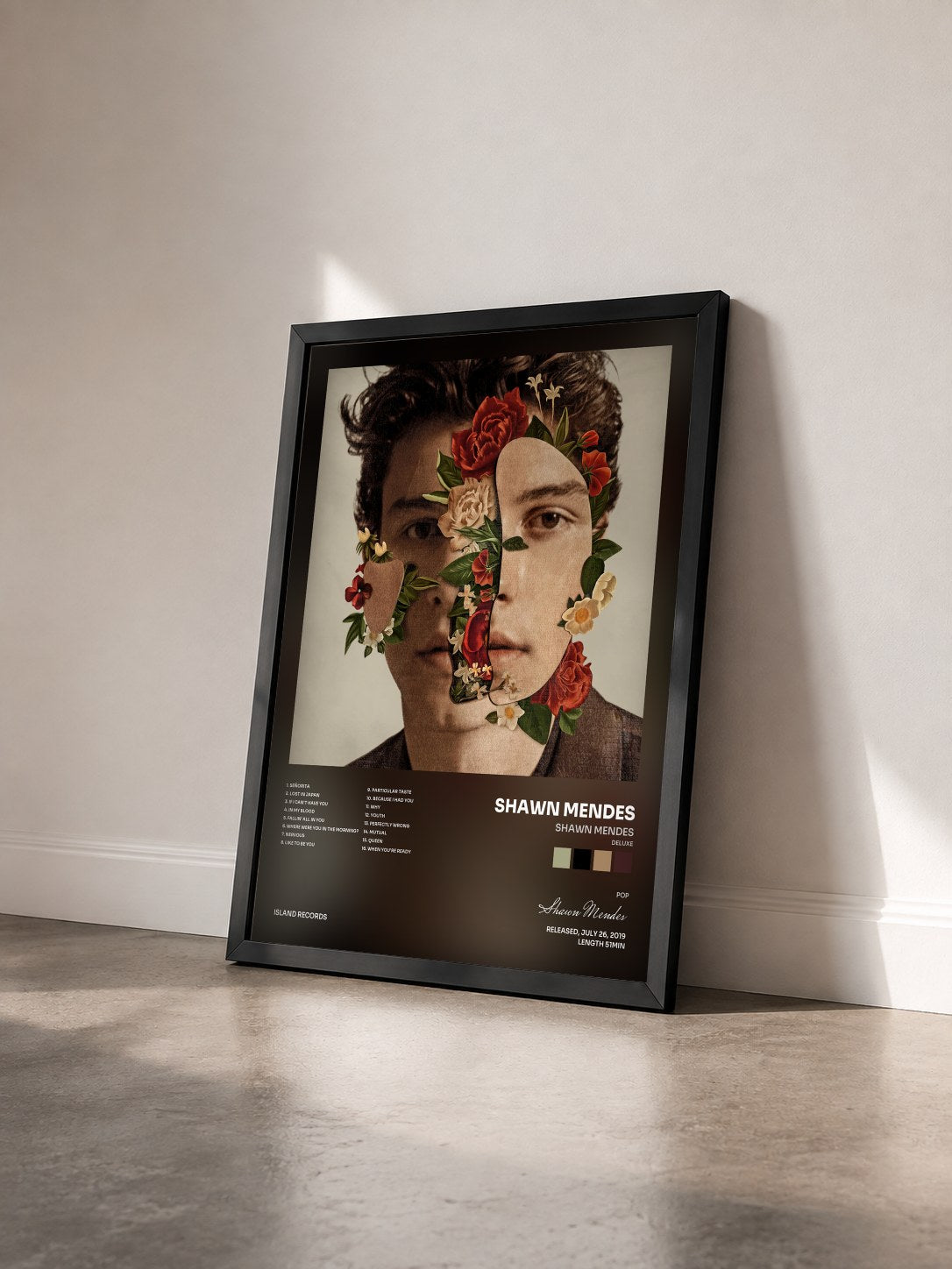#noir Tableau de l'album Shawn Mendes (Deluxe) de Shawn Mendes vu de trois quarts, cadre noir