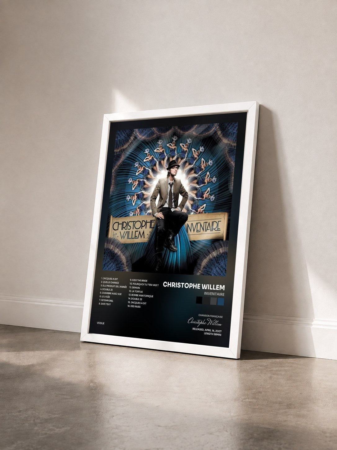 #blanc Tableau de l'album Inventaire de Christophe Willem vu de trois quarts, cadre blanc