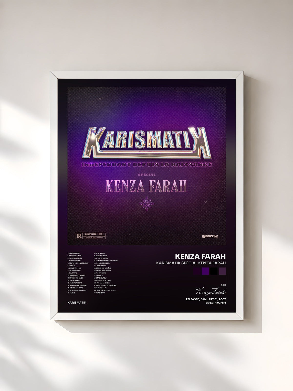 #blanc Tableau de l'album Karismatik spécial Kenza Farah de Kenza Farah, cadre blanc, imprimé et encadré en France