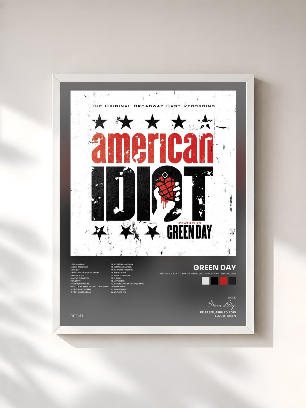 #blanc Tableau de l'album American Idiot - The Original Broadway Cast Recording de Green Day, cadre blanc, imprimé et encadré en France