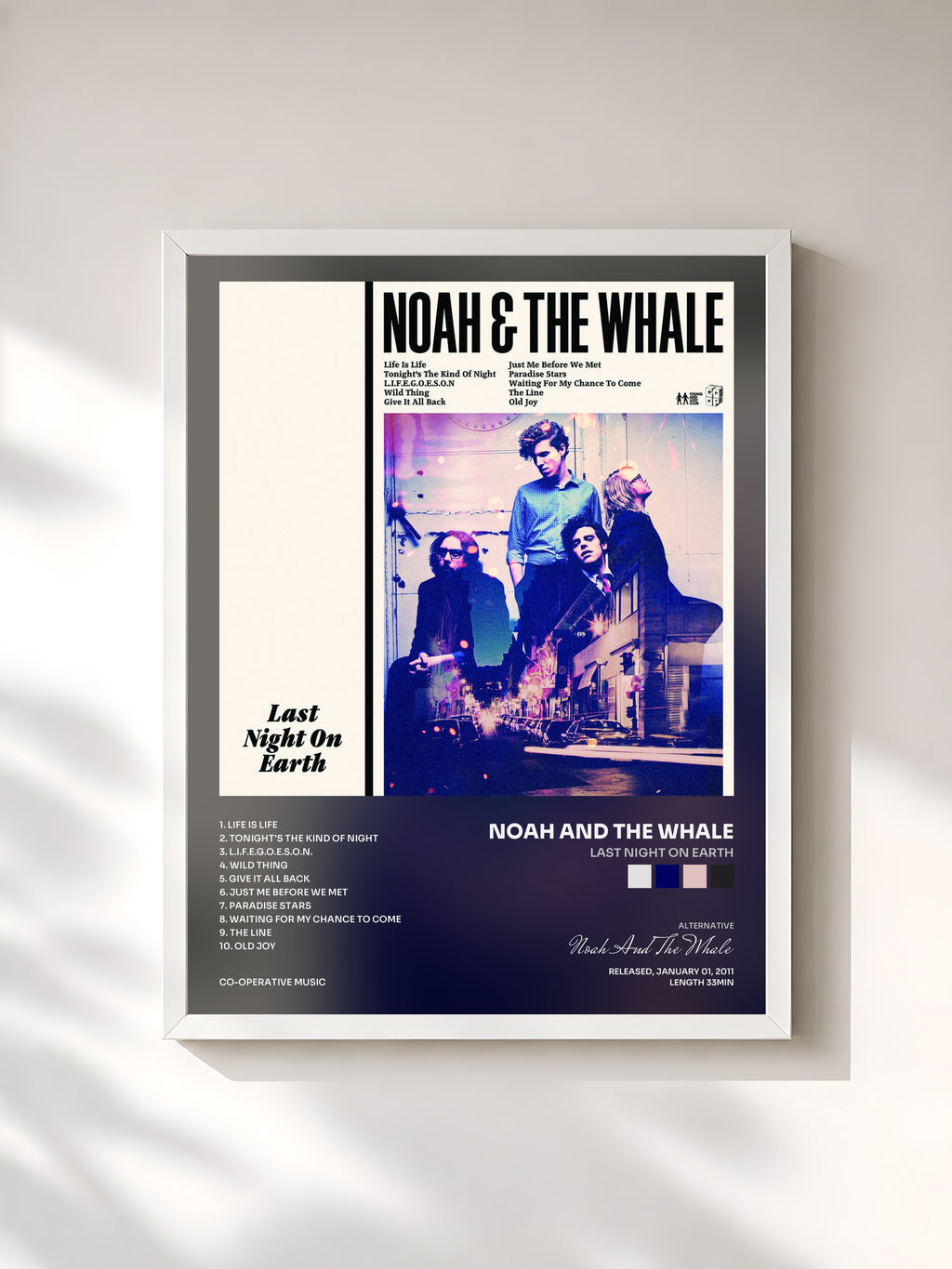 #blanc Tableau de l'album Last Night On Earth de Noah And The Whale, cadre blanc, imprimé et encadré en France