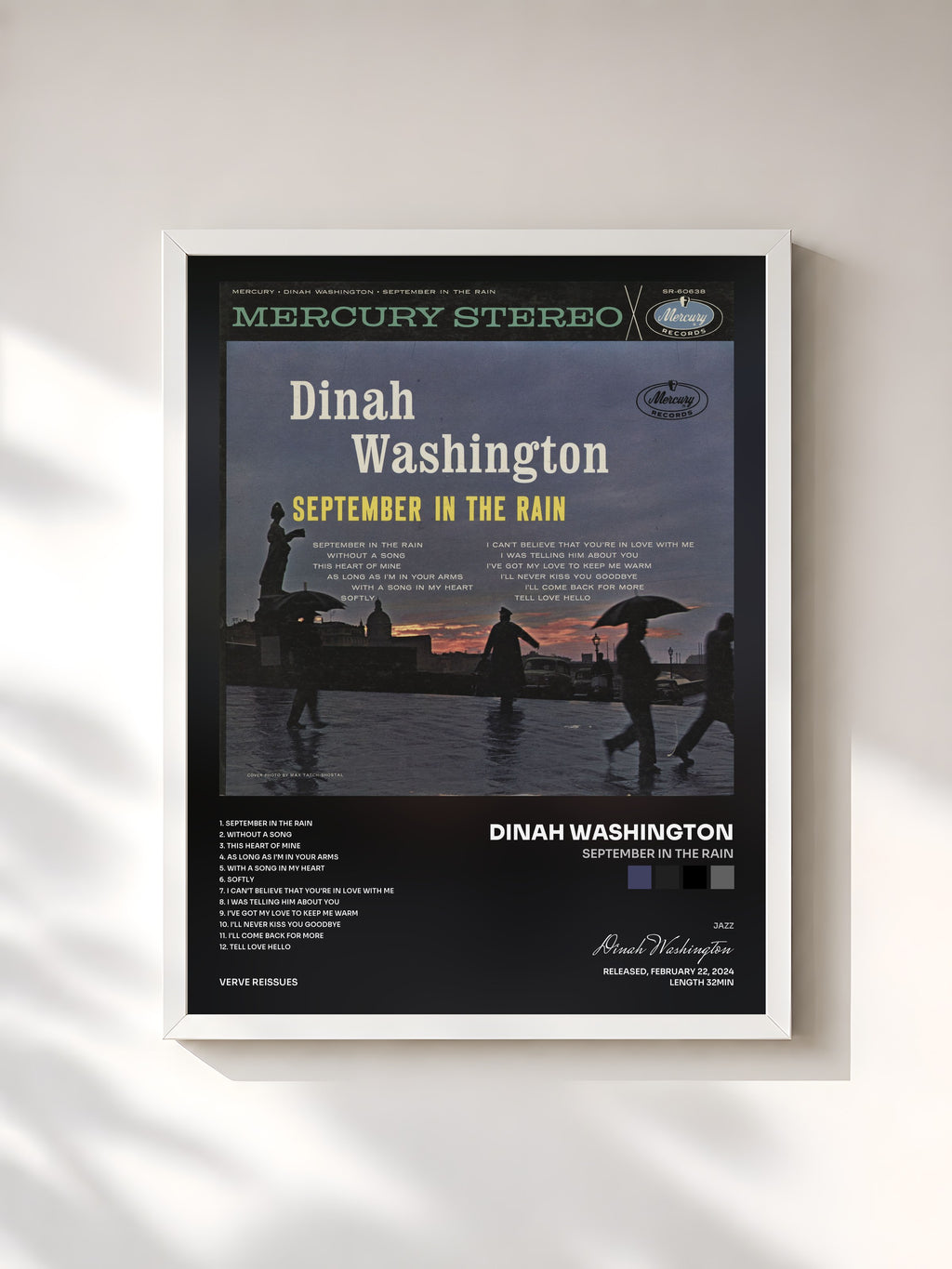 #blanc Tableau de l'album September In The Rain de Dinah Washington, cadre blanc, imprimé et encadré en France