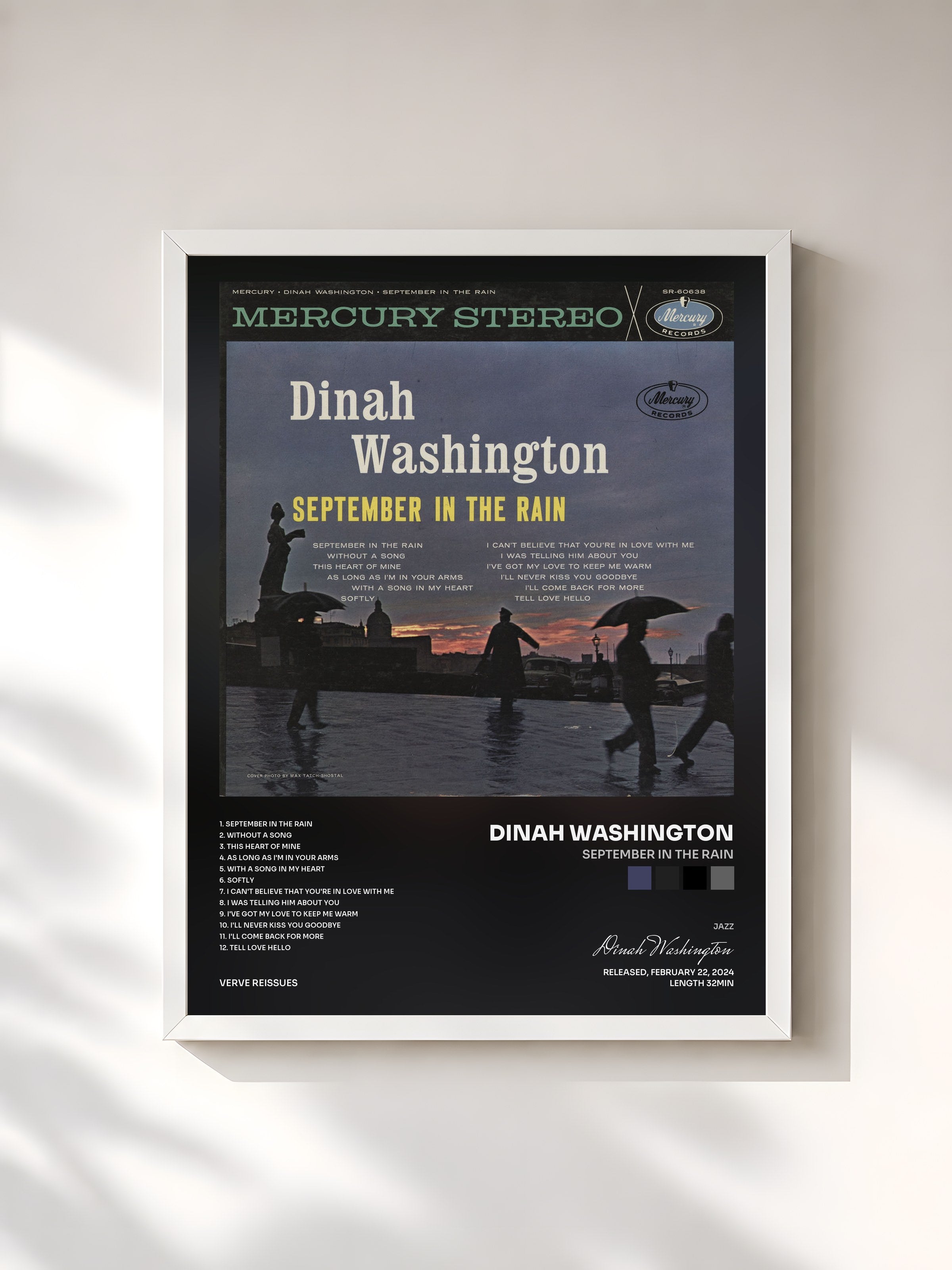 #blanc Tableau de l'album September In The Rain de Dinah Washington, cadre blanc, imprimé et encadré en France