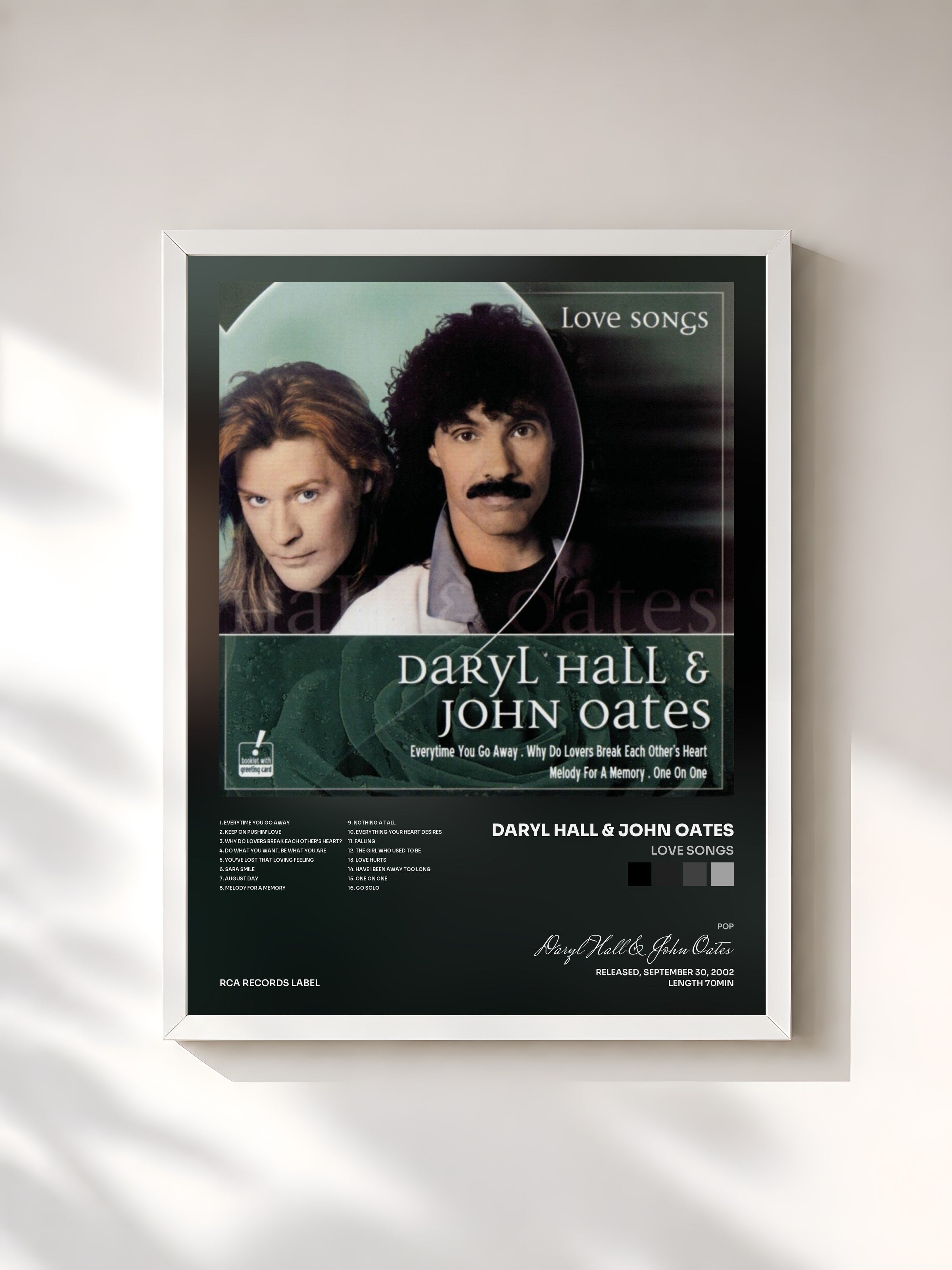 #blanc Tableau de l'album Love Songs de Daryl Hall & John Oates, cadre blanc, imprimé et encadré en France