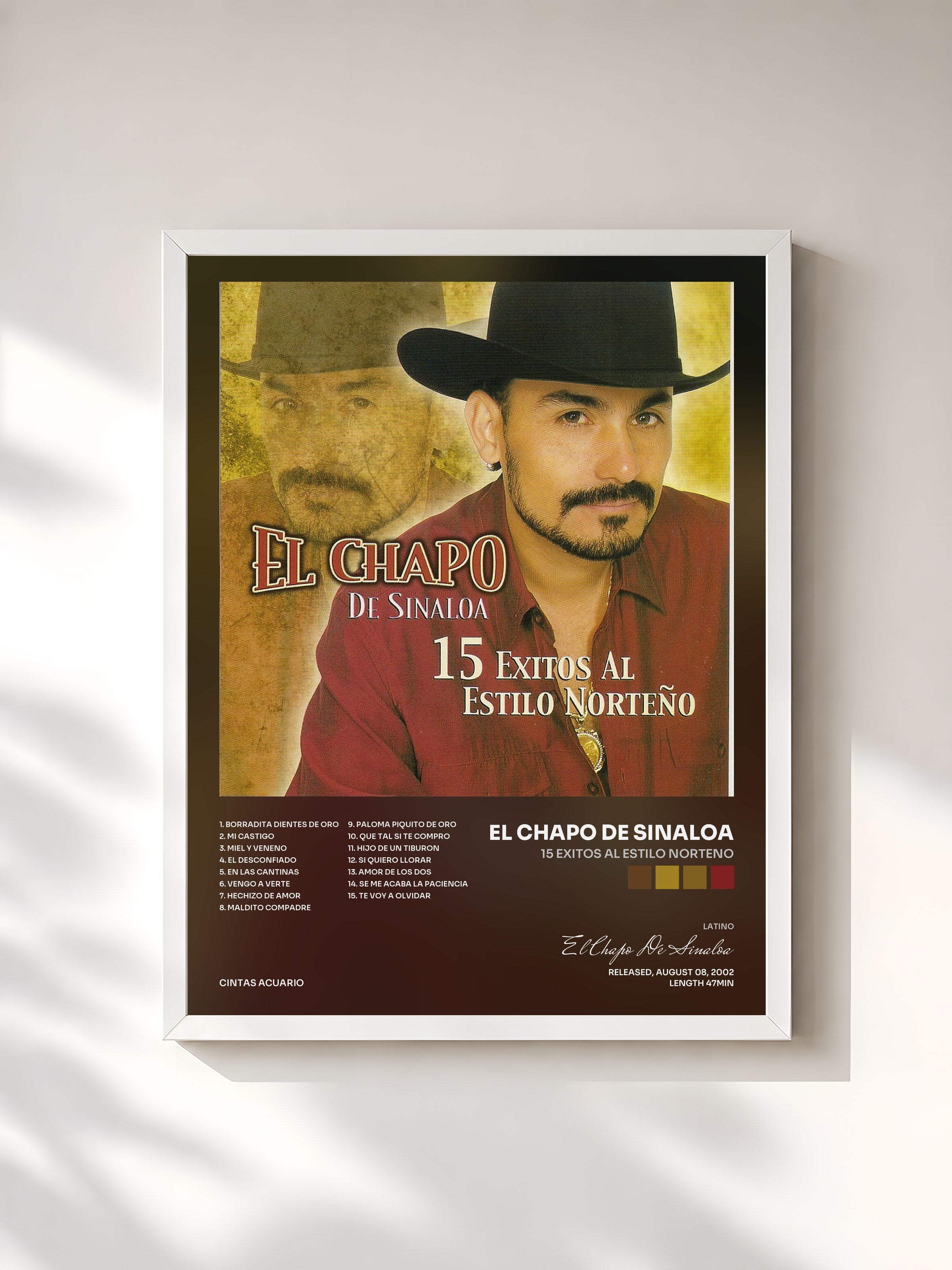 #blanc Tableau de l'album 15 Exitos al Estilo Norteno de El Chapo De Sinaloa, cadre blanc, imprimé et encadré en France