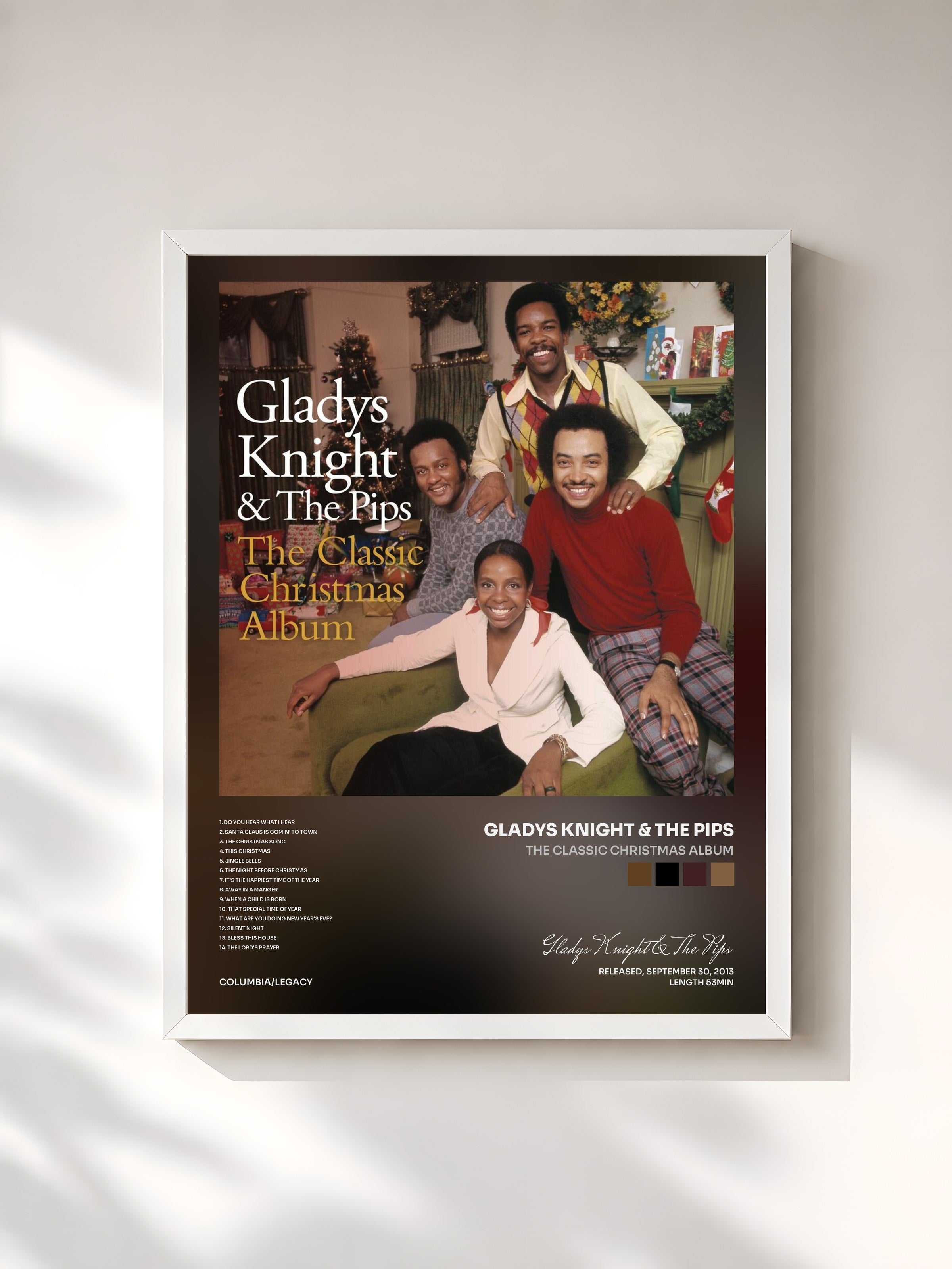 #blanc Tableau de l'album The Classic Christmas Album de Gladys Knight & The Pips, cadre blanc, imprimé et encadré en France