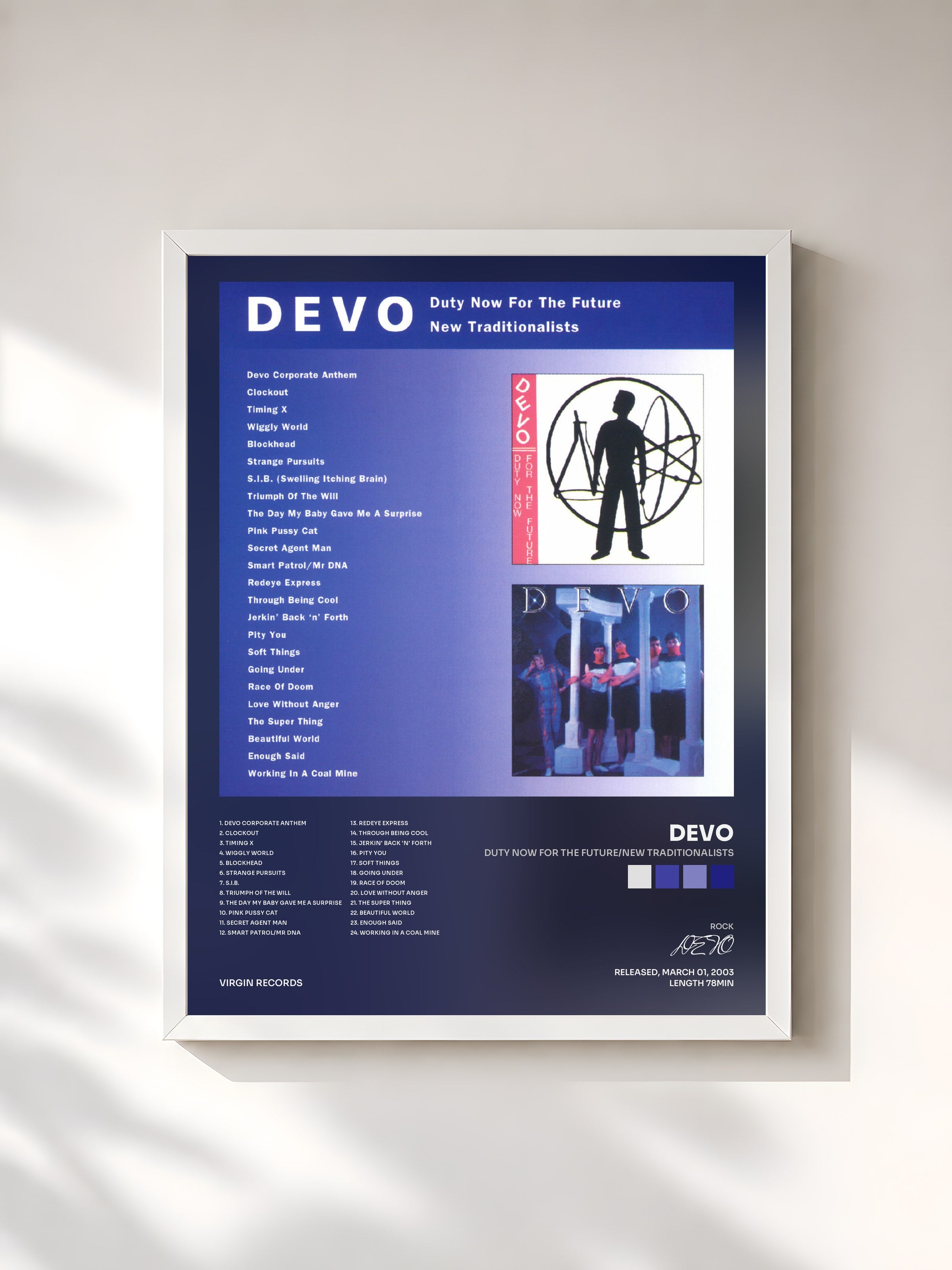 #blanc Tableau de l'album Duty Now For The Future/New Traditionalists de DEVO, cadre blanc, imprimé et encadré en France