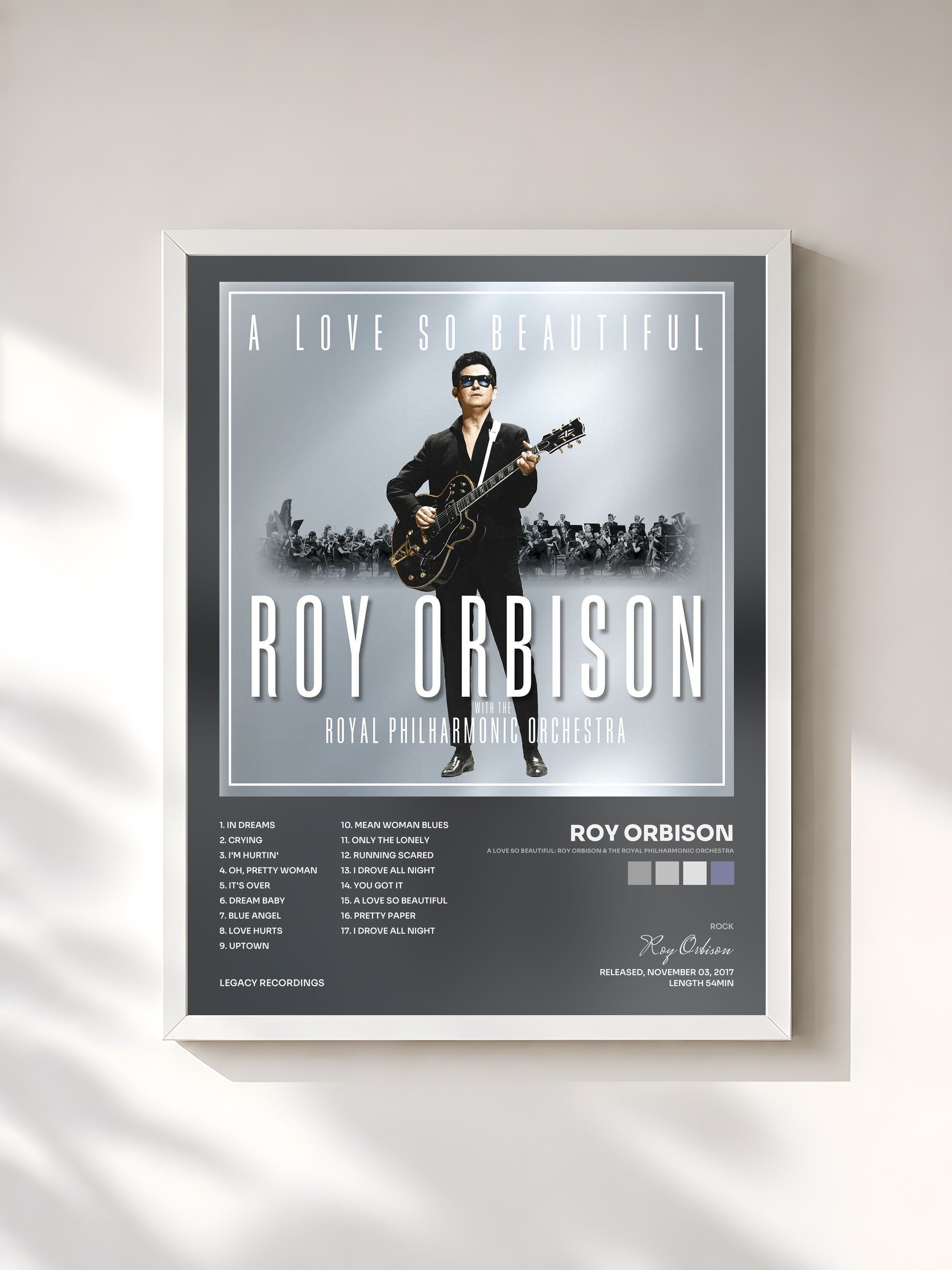 #blanc Tableau de l'album A Love So Beautiful: Roy Orbison & The Royal Philharmonic Orchestra de Roy Orbison, cadre blanc, imprimé et encadré en France