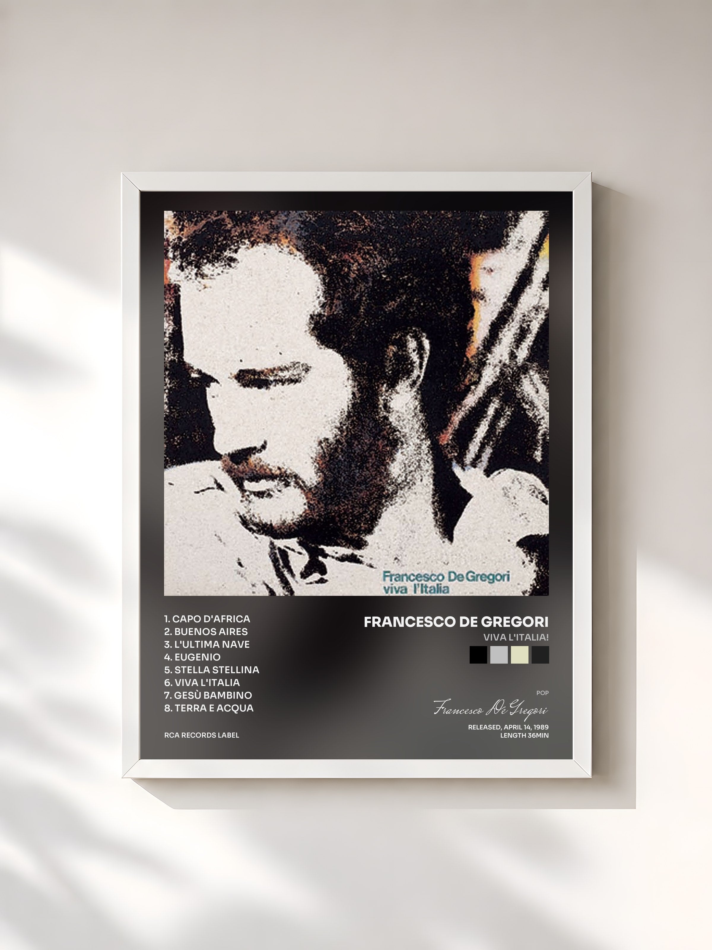 #blanc Tableau de l'album Viva L'Italia! de Francesco De Gregori, cadre blanc, imprimé et encadré en France