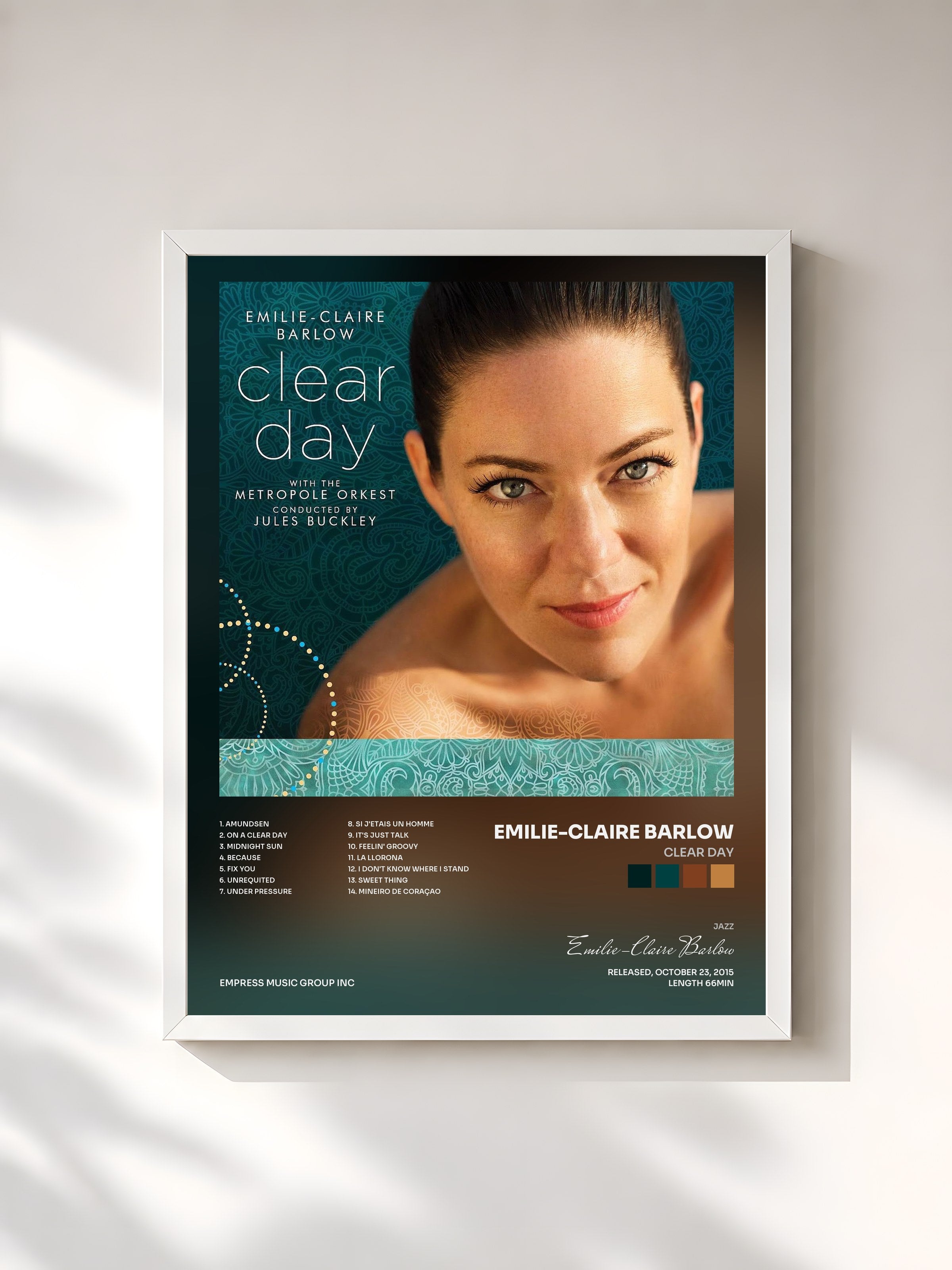 #blanc Tableau de l'album Clear Day de Emilie-Claire Barlow, cadre blanc, imprimé et encadré en France