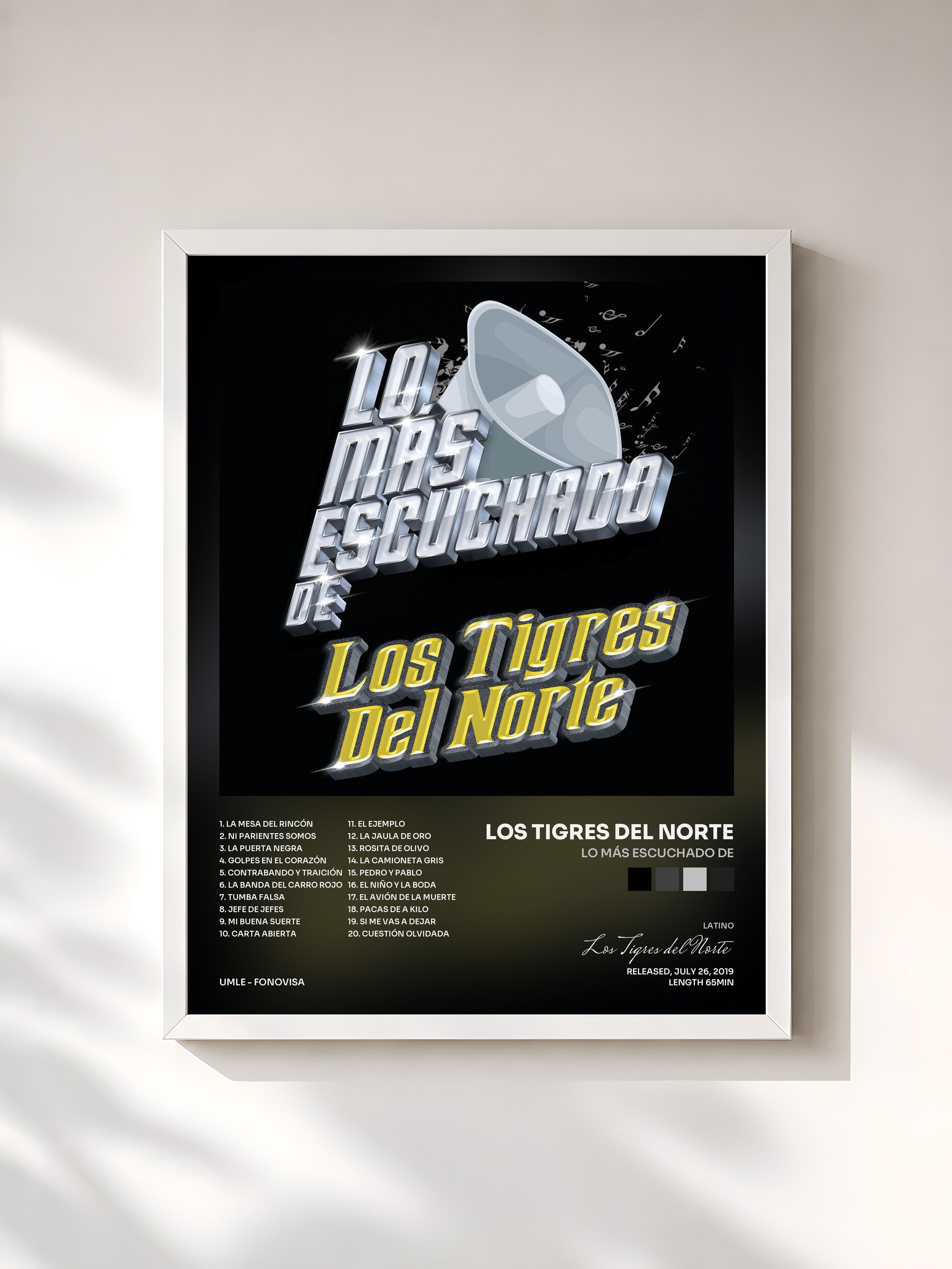 #blanc Tableau de l'album Lo Más Escuchado De de Los Tigres del Norte, cadre blanc, imprimé et encadré en France
