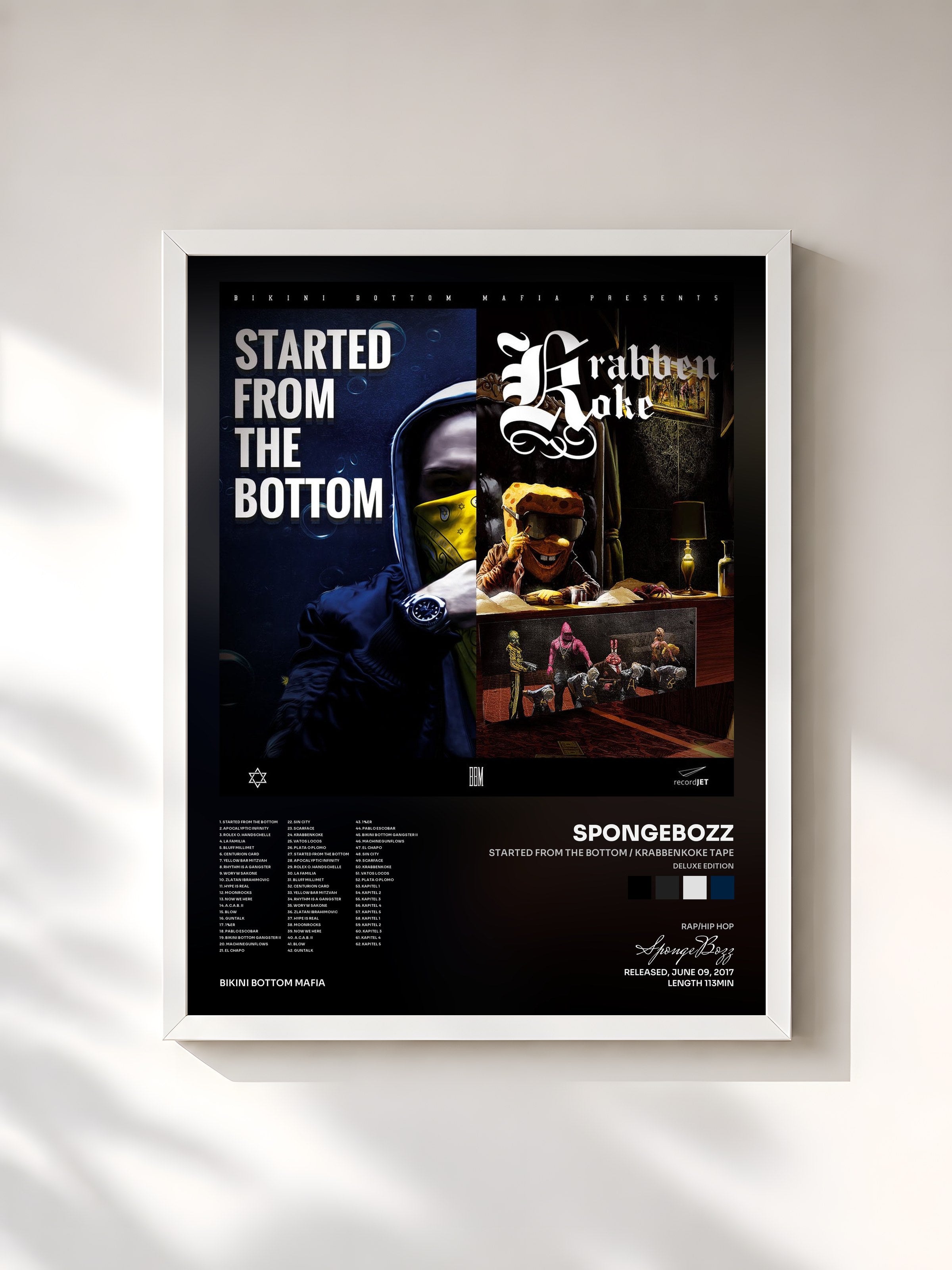 #blanc Tableau de l'album Started from the Bottom / KrabbenKoke Tape (Deluxe Edition) de SpongeBozz, cadre blanc, imprimé et encadré en France