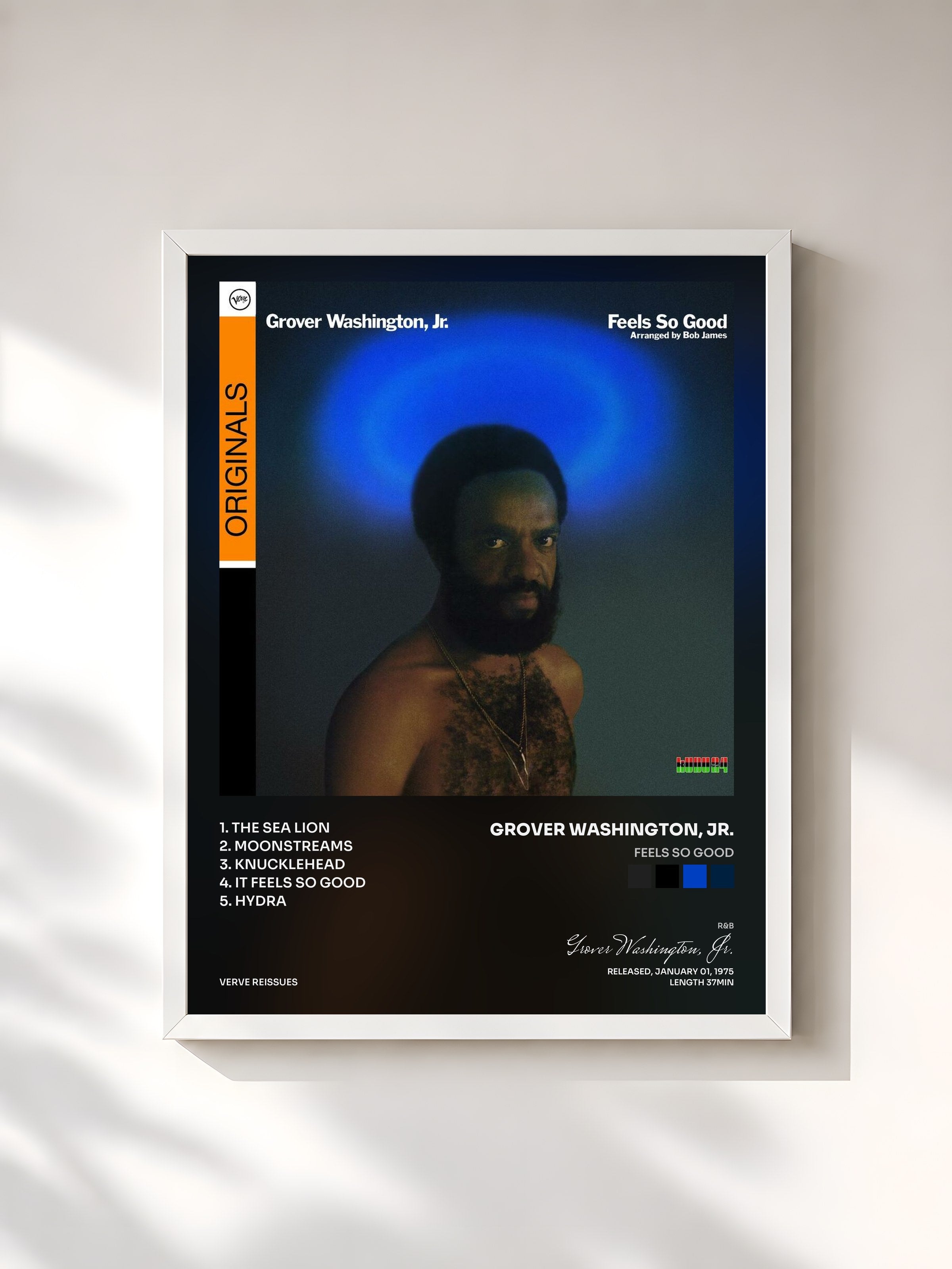 #blanc Tableau de l'album Feels So Good de Grover Washington, Jr., cadre blanc, imprimé et encadré en France