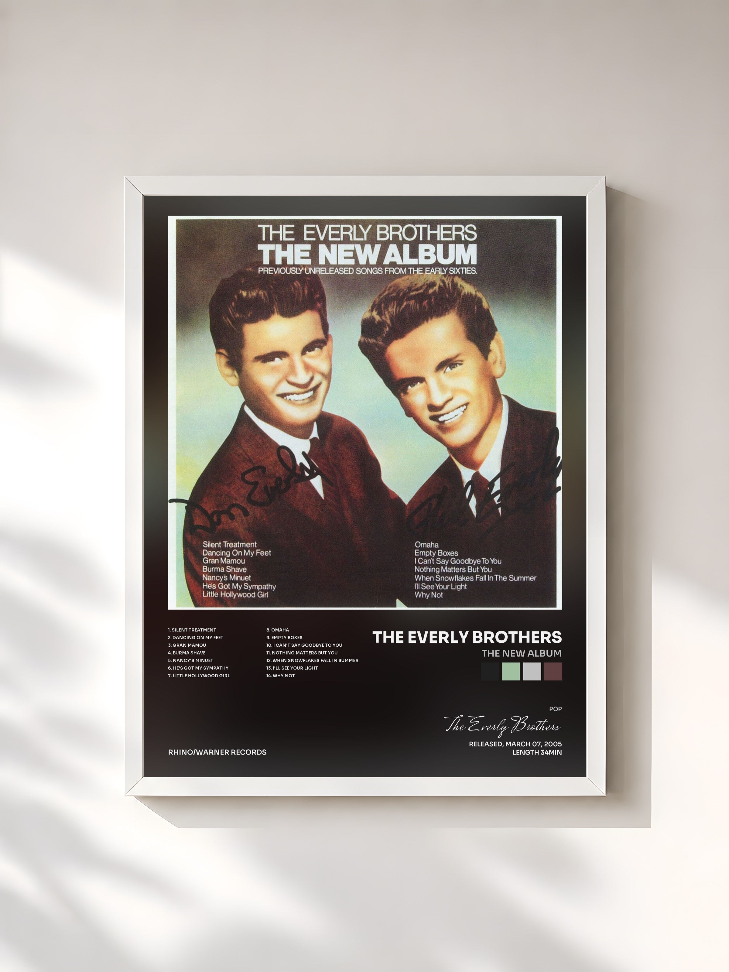 #blanc Tableau de l'album The New Album de The Everly Brothers, cadre blanc, imprimé et encadré en France