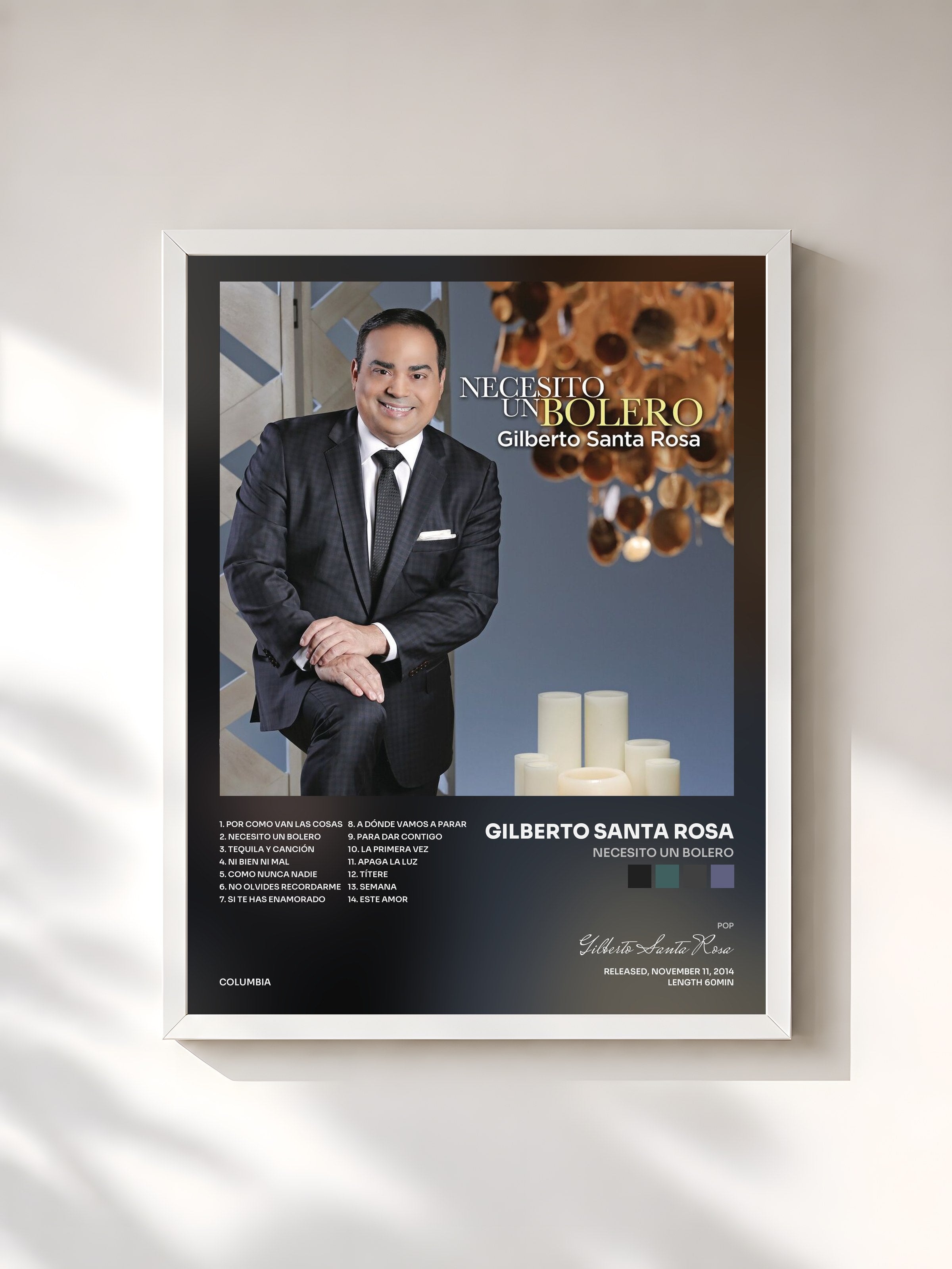 #blanc Tableau de l'album Necesito un Bolero de Gilberto Santa Rosa, cadre blanc, imprimé et encadré en France