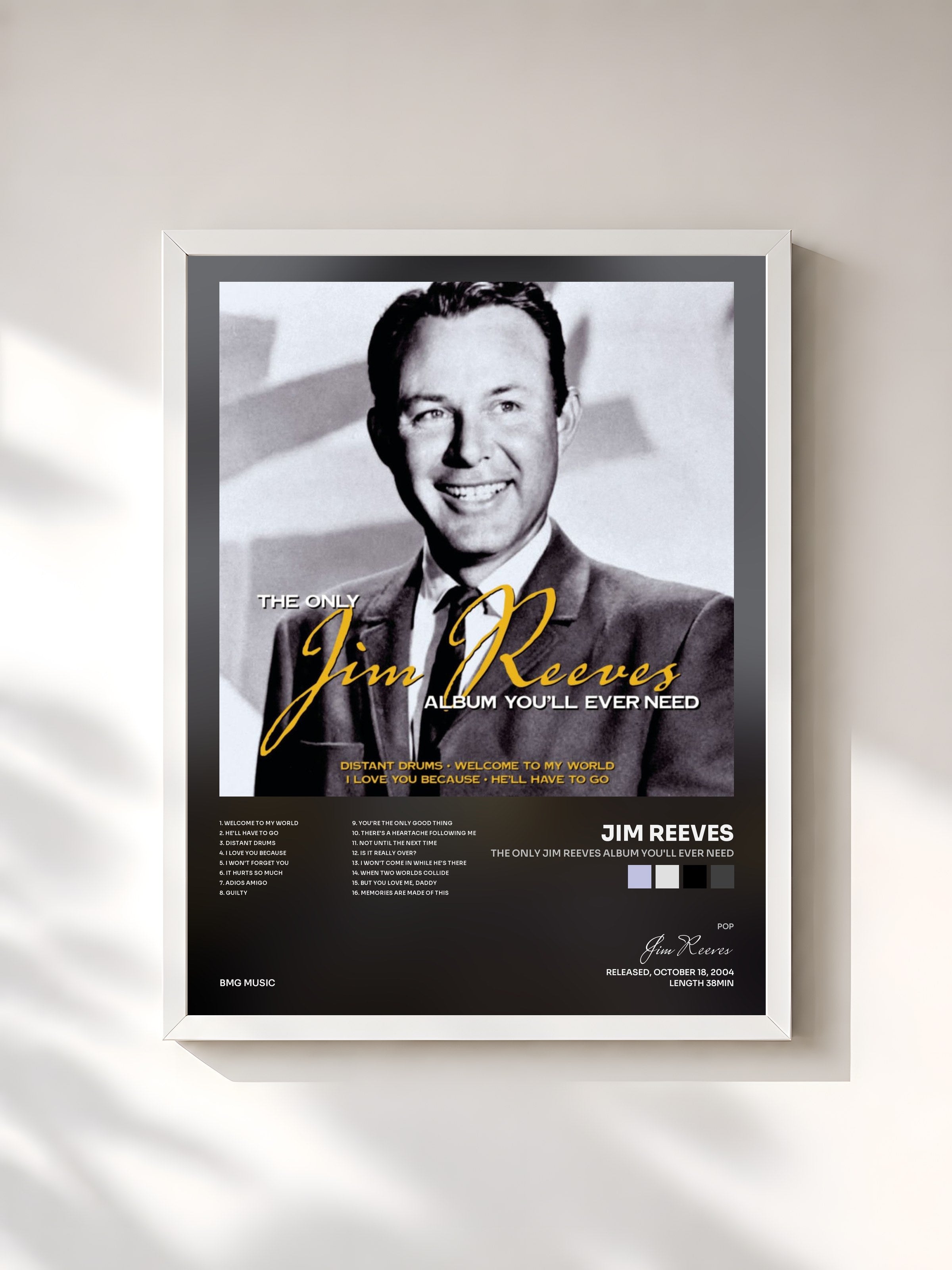 #blanc Tableau de l'album The Only Jim Reeves Album You'll Ever Need de Jim Reeves, cadre blanc, imprimé et encadré en France