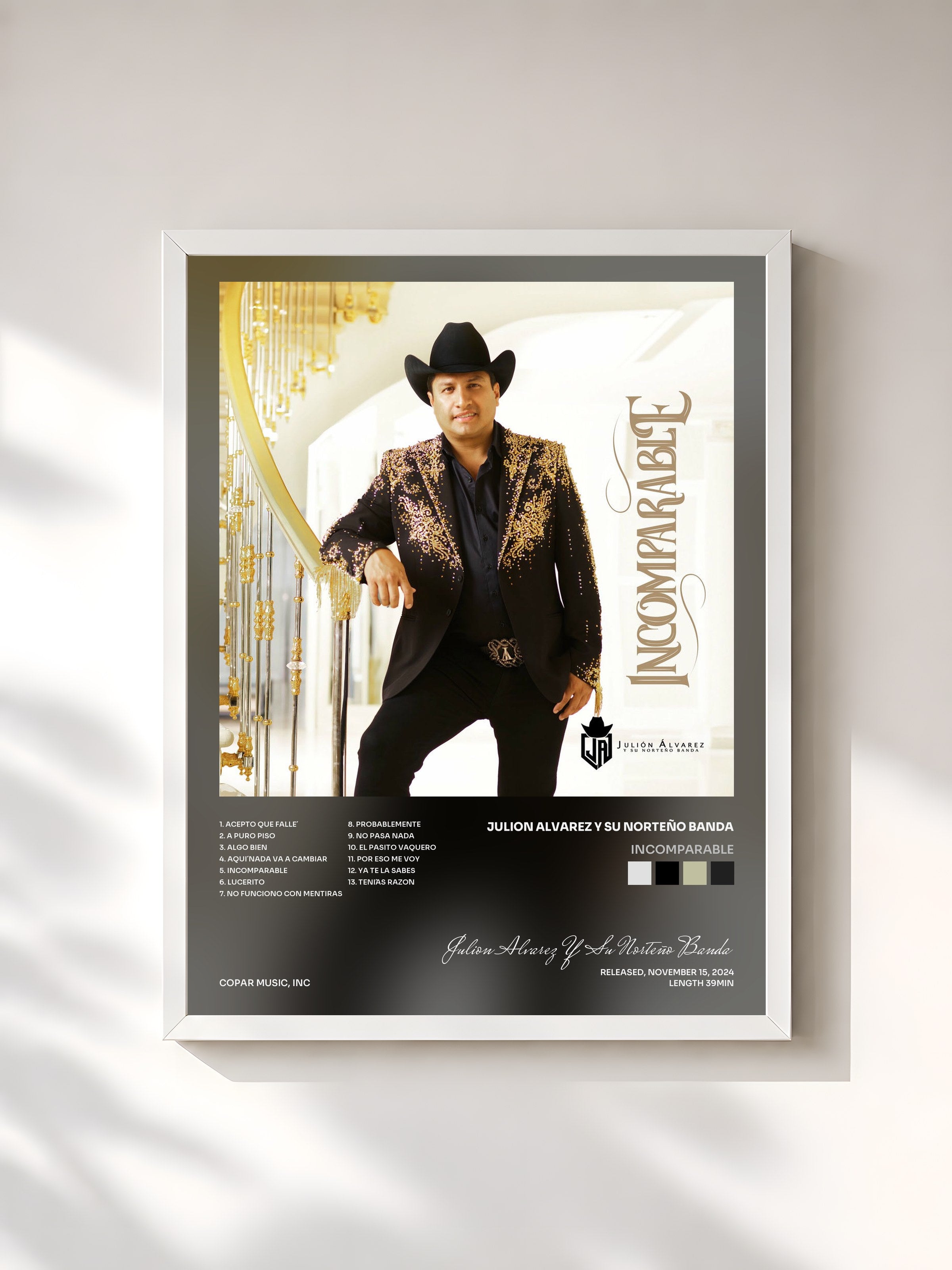 #blanc Tableau de l'album Incomparable de Julion Alvarez Y Su Norteño Banda, cadre blanc, imprimé et encadré en France