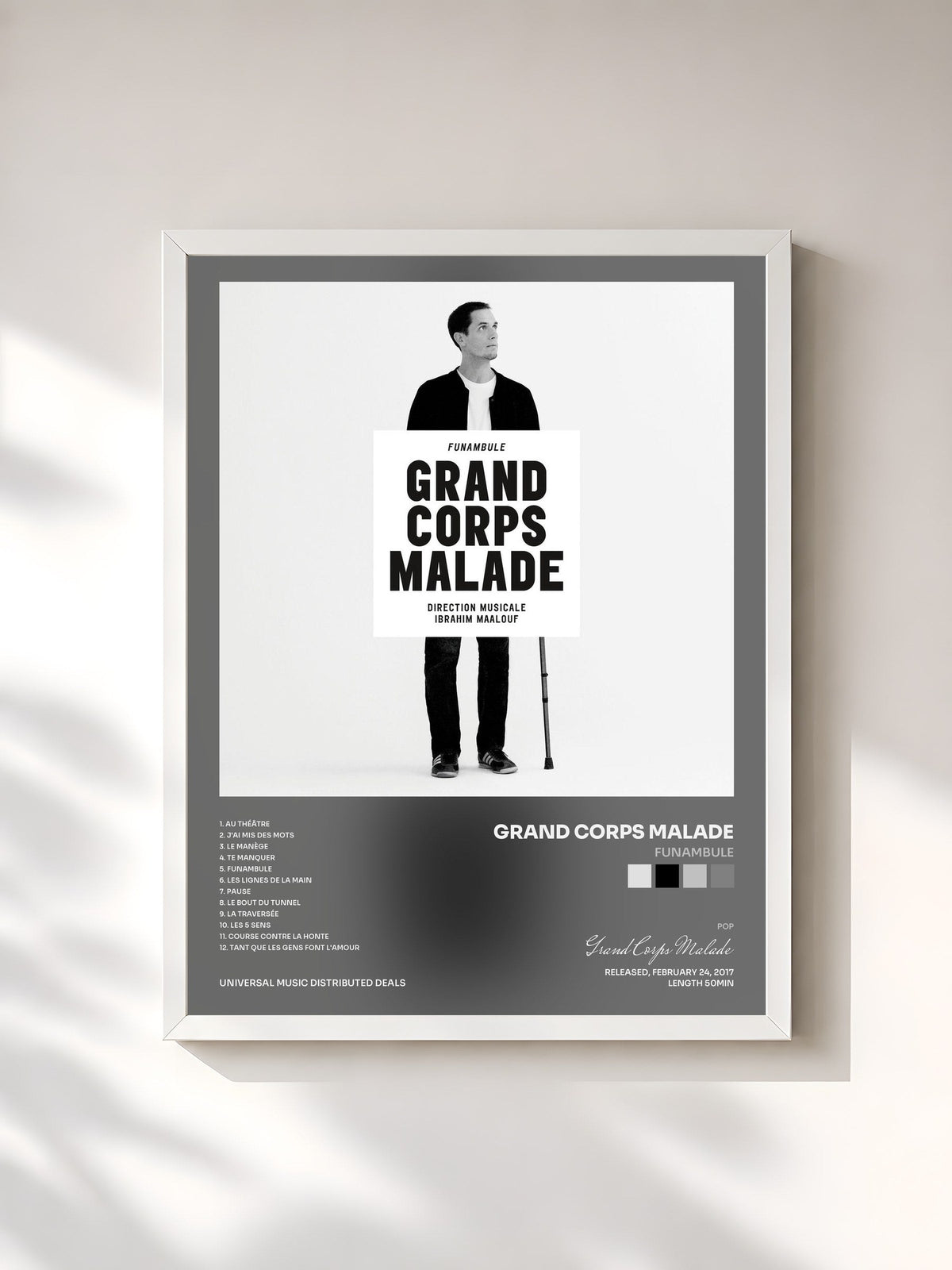 #blanc Tableau de l'album Funambule de Grand Corps Malade, cadre blanc, imprimé et encadré en France