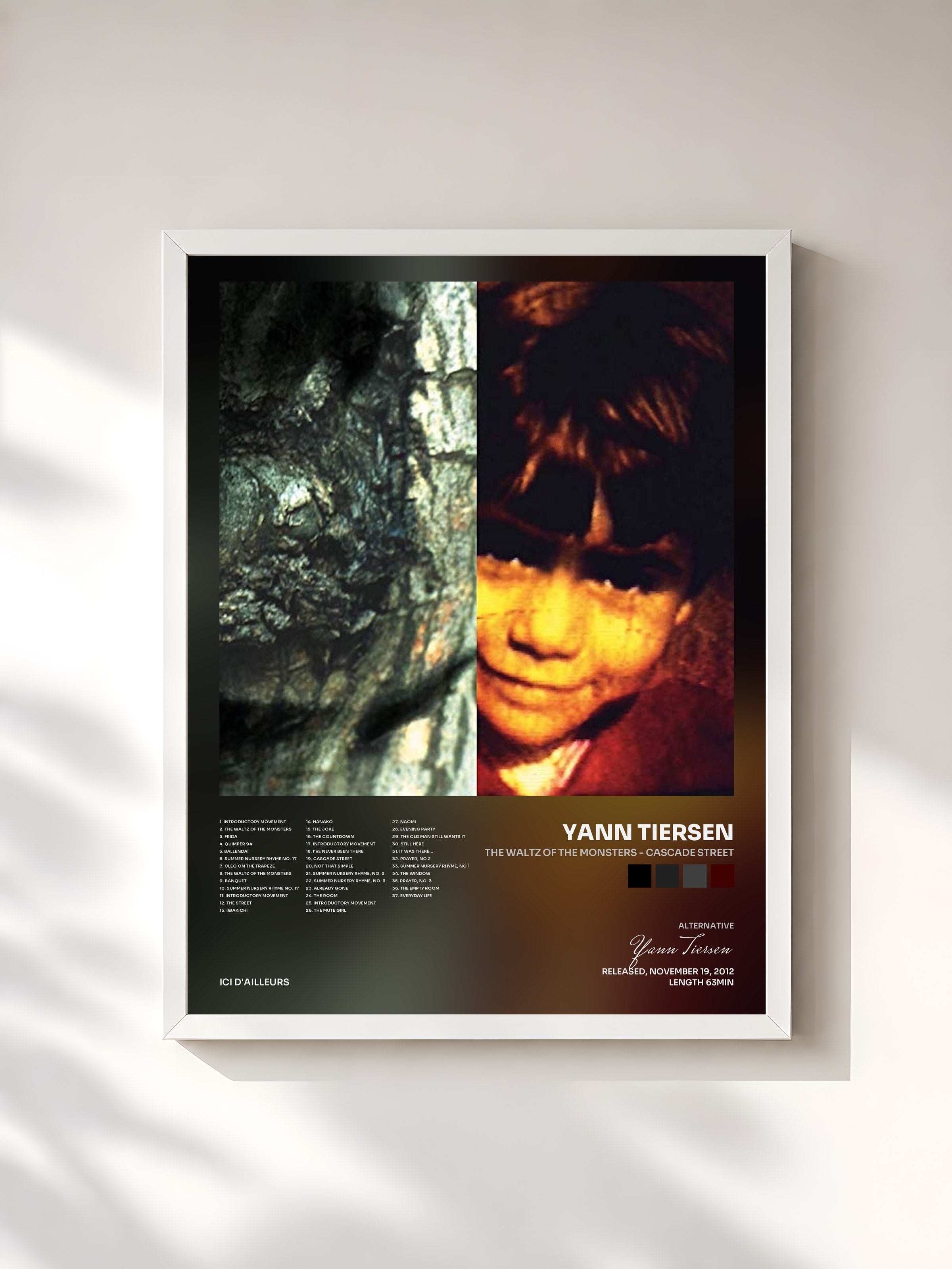 #blanc Tableau de l'album The Waltz of the Monsters - Cascade Street de Yann Tiersen, cadre blanc, imprimé et encadré en France