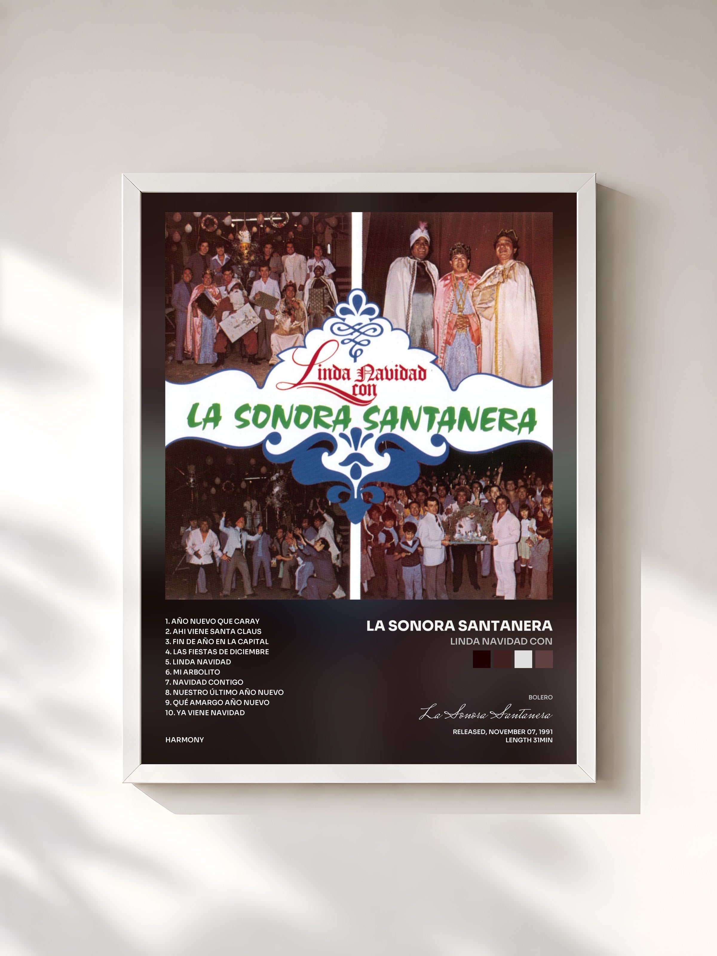 #blanc Tableau de l'album Linda Navidad Con de La Sonora Santanera, cadre blanc, imprimé et encadré en France