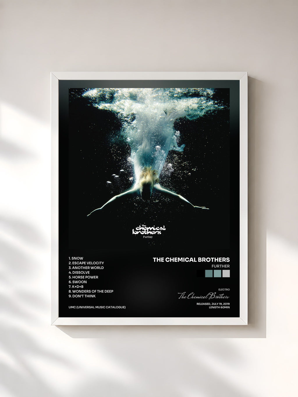 #blanc Tableau de l'album Further de The Chemical Brothers, cadre blanc, imprimé et encadré en France