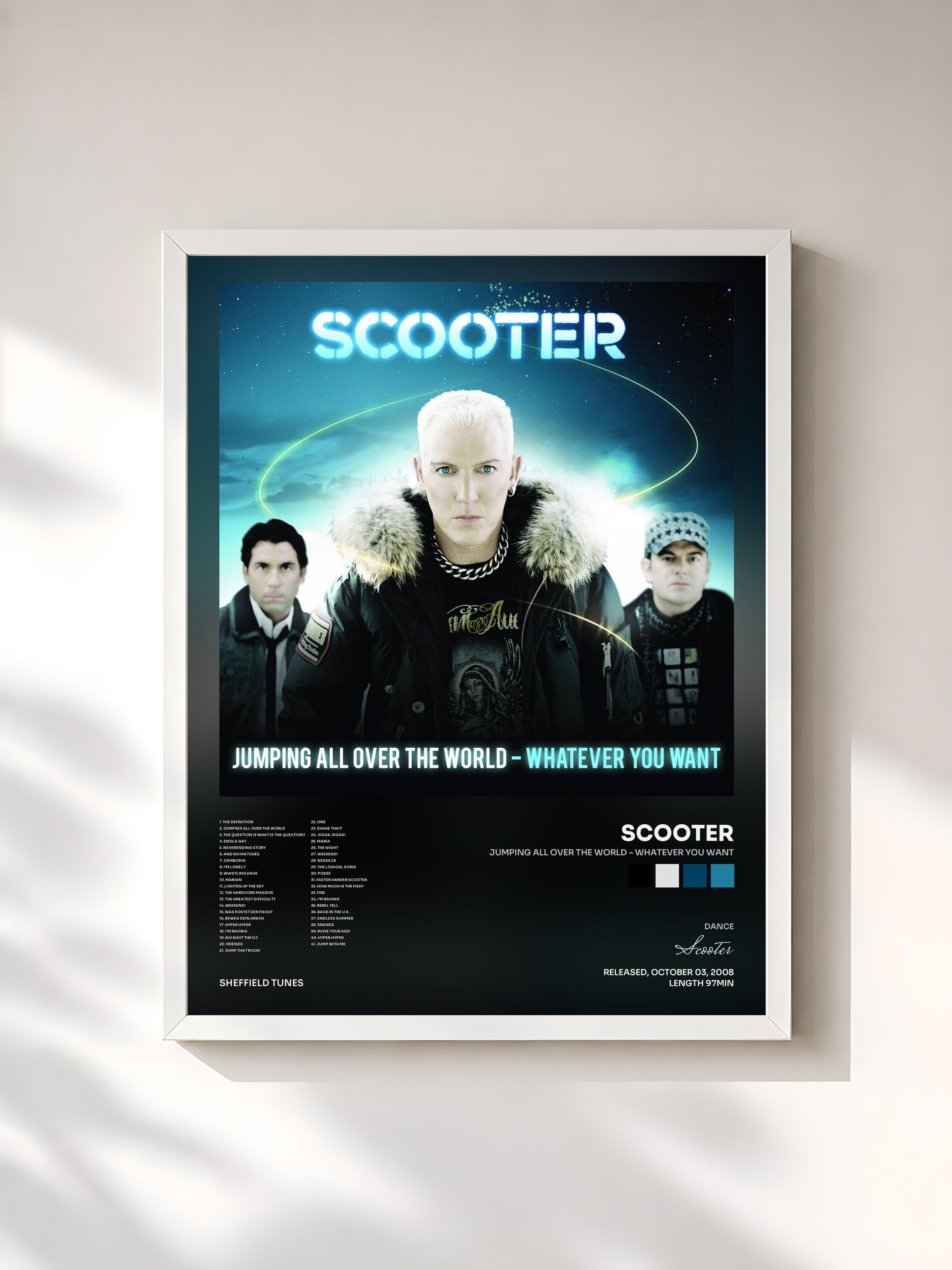 #blanc Tableau de l'album Jumping All over the World - Whatever You Want de Scooter, cadre blanc, imprimé et encadré en France