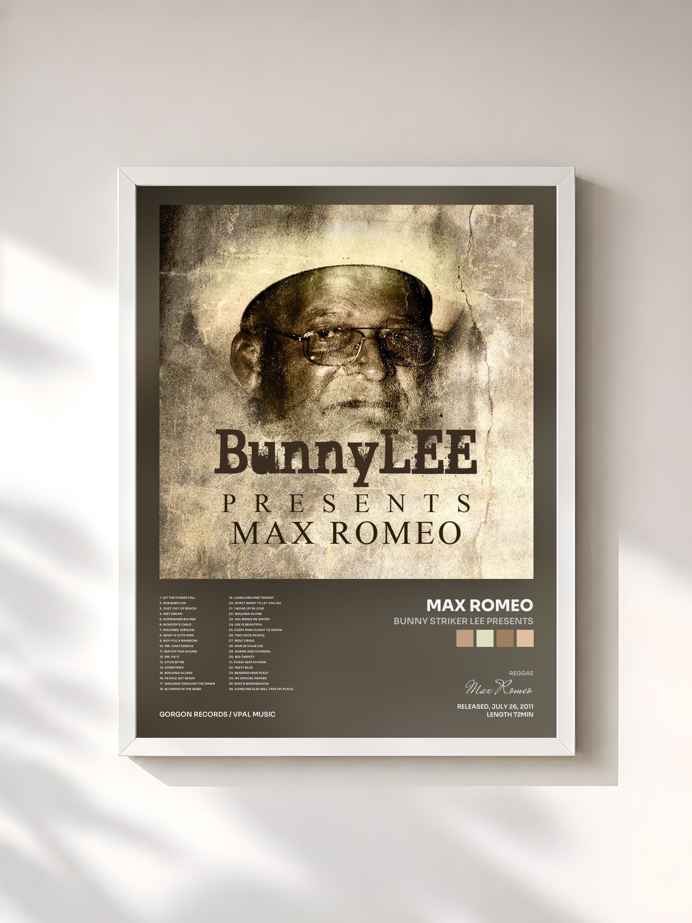 #blanc Tableau de l'album Bunny Striker Lee Presents de Max Romeo, cadre blanc, imprimé et encadré en France