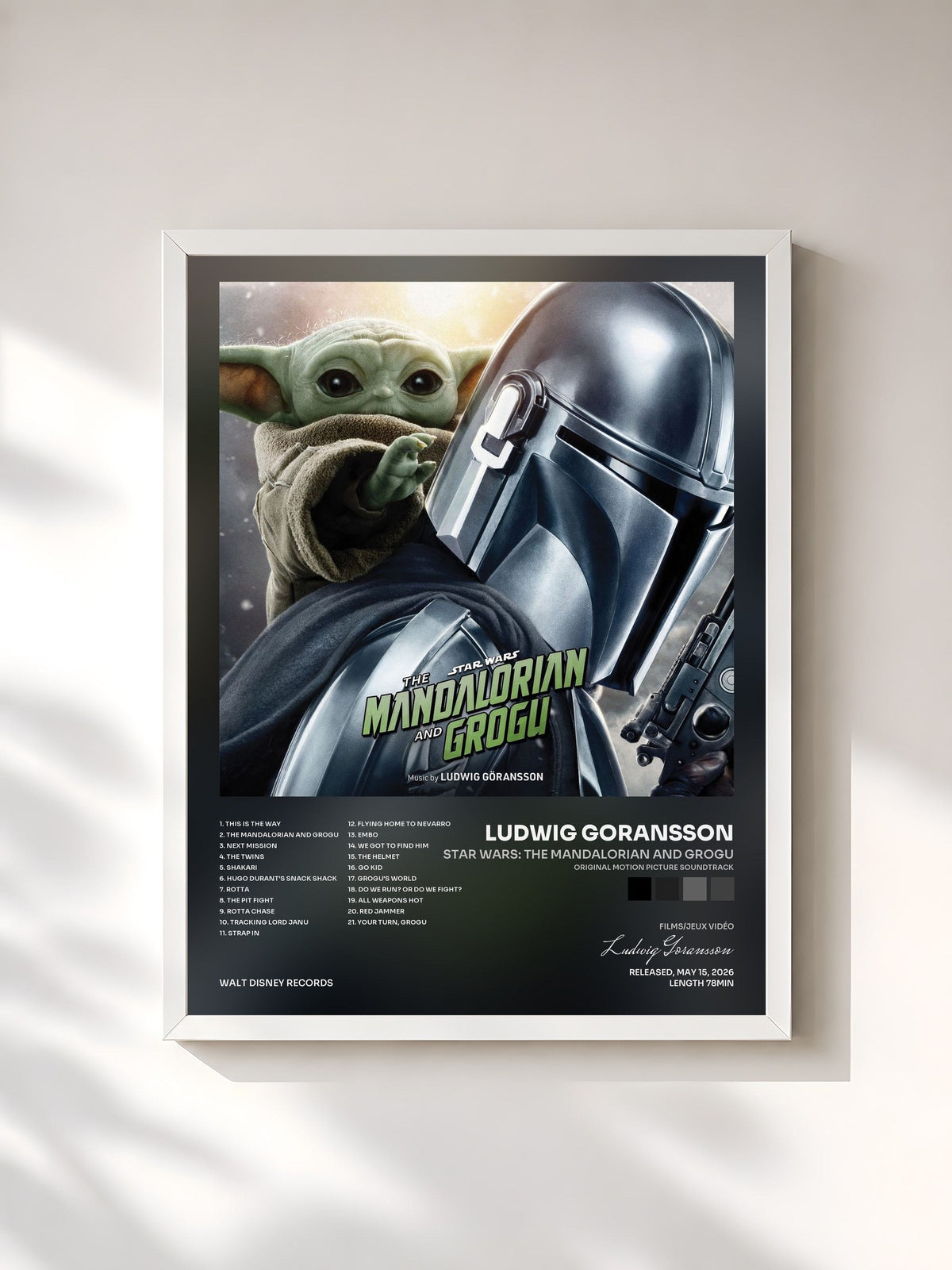 #blanc Tableau de l'album Star Wars: The Mandalorian and Grogu (Original Motion Picture Soundtrack) de Ludwig Goransson, cadre blanc, imprimé et encadré en France