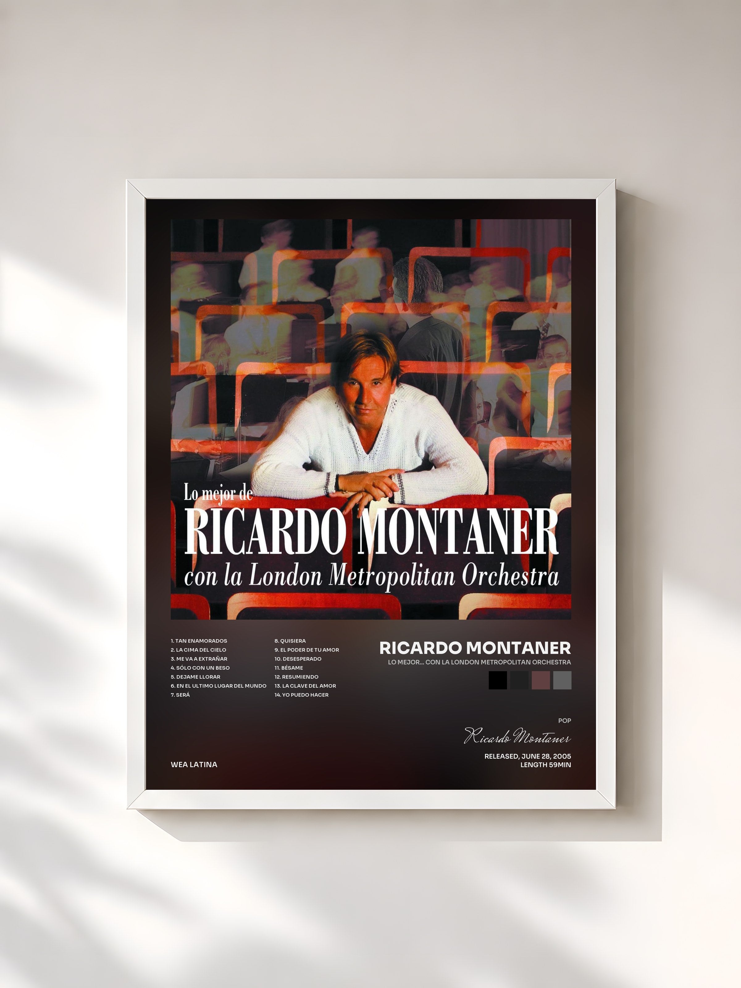 #blanc Tableau de l'album Lo Mejor... con la London Metropolitan Orchestra de Ricardo Montaner, cadre blanc, imprimé et encadré en France