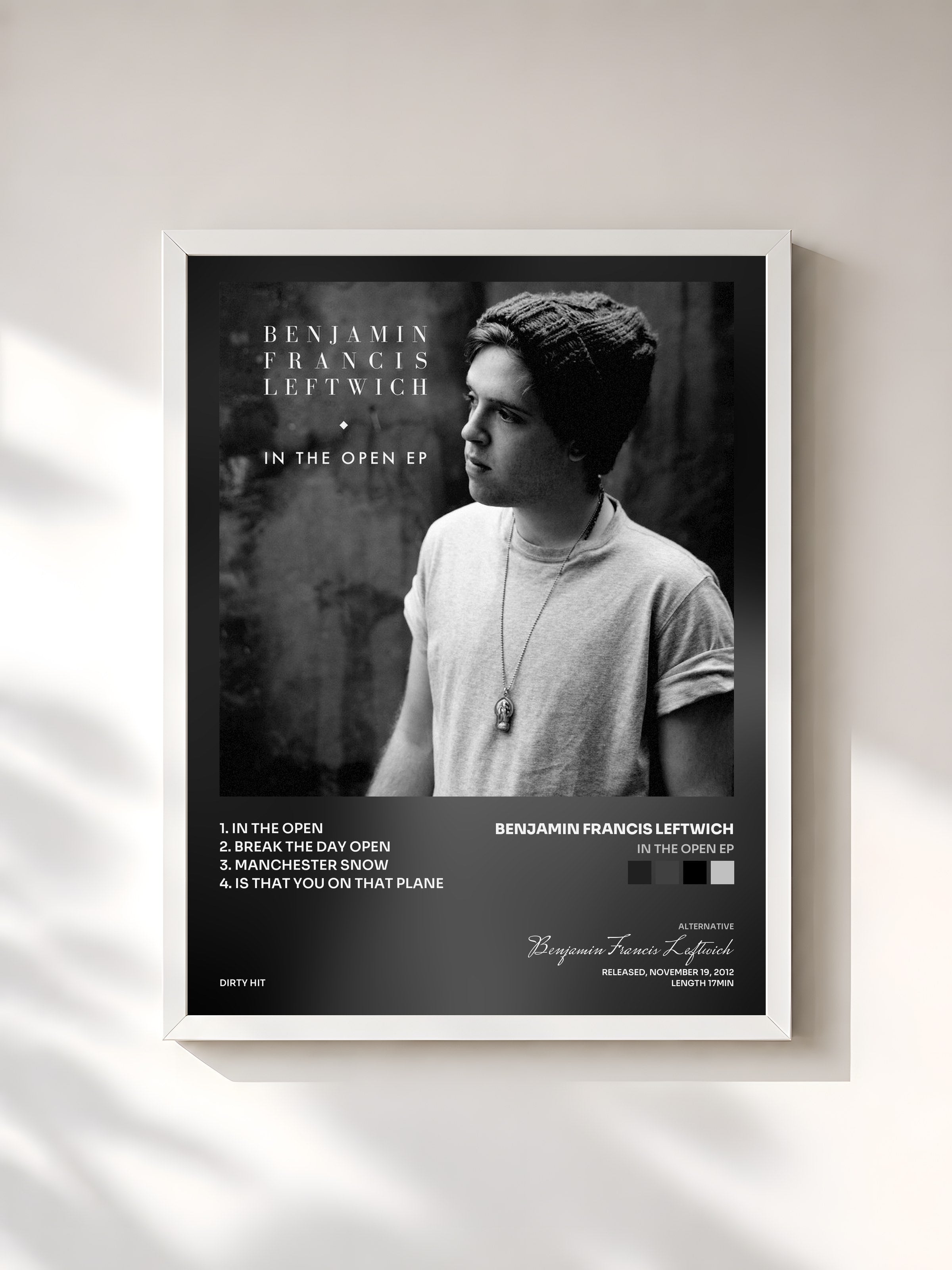 #blanc Tableau de l'album In the Open EP de Benjamin Francis Leftwich, cadre blanc, imprimé et encadré en France