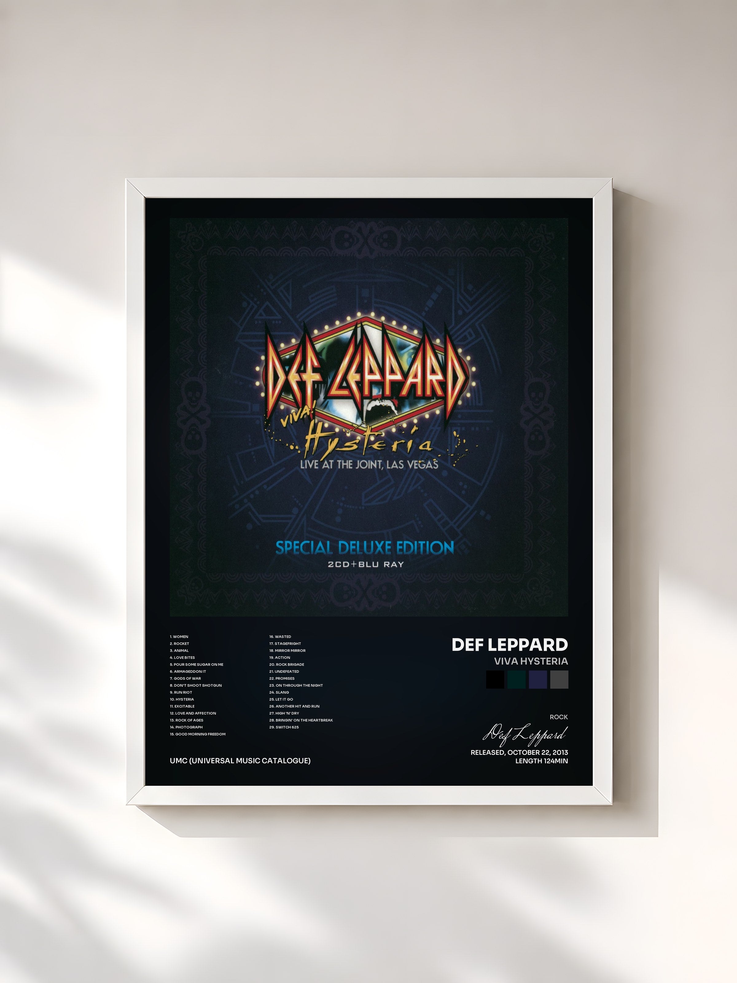 #blanc Tableau de l'album Viva Hysteria de Def Leppard, cadre blanc, imprimé et encadré en France