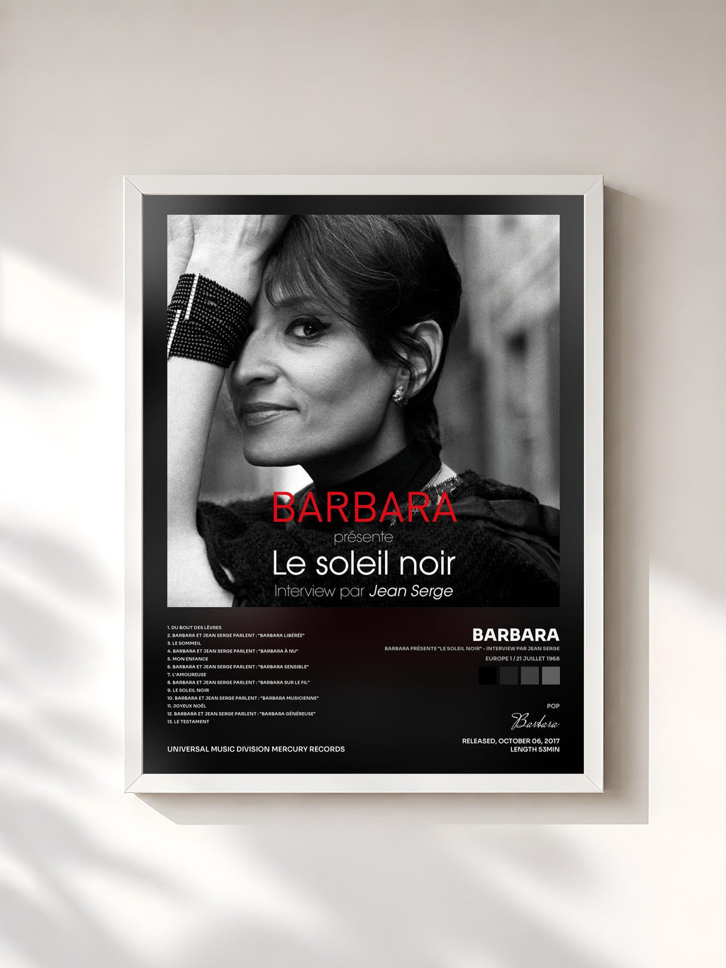#blanc Barbara présente "Le soleil noir" - Interview par Jean Serge (Europe 1 / 21 juillet 1968) de Barbara en lámina enmarcada, marco blanco, impresa y enmarcada en Francia