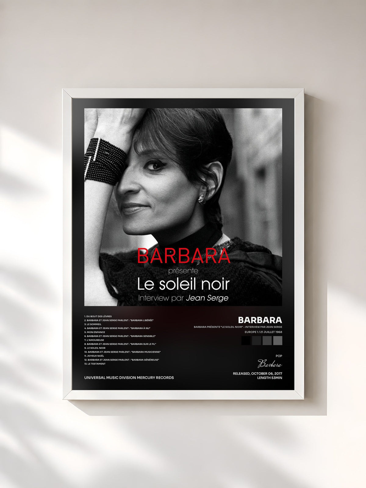 #blanc Tableau de l'album Barbara présente "Le soleil noir" - Interview par Jean Serge (Europe 1 / 21 juillet 1968) de Barbara, cadre blanc, imprimé et encadré en France