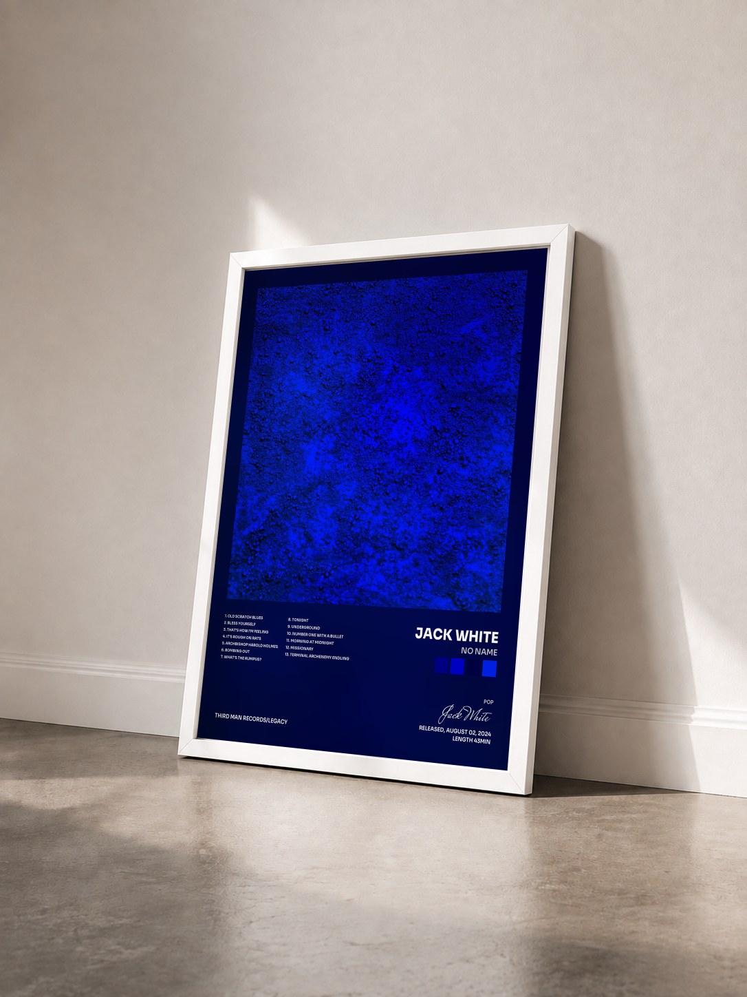 #blanc Tableau de l'album No Name de Jack White vu de trois quarts, cadre blanc