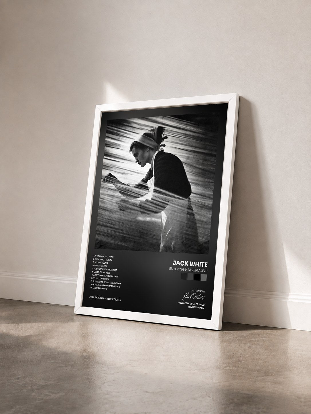 #blanc Entering Heaven Alive von Jack White als gerahmter Kunstdruck von schräg gesehen, weißer Rahmen