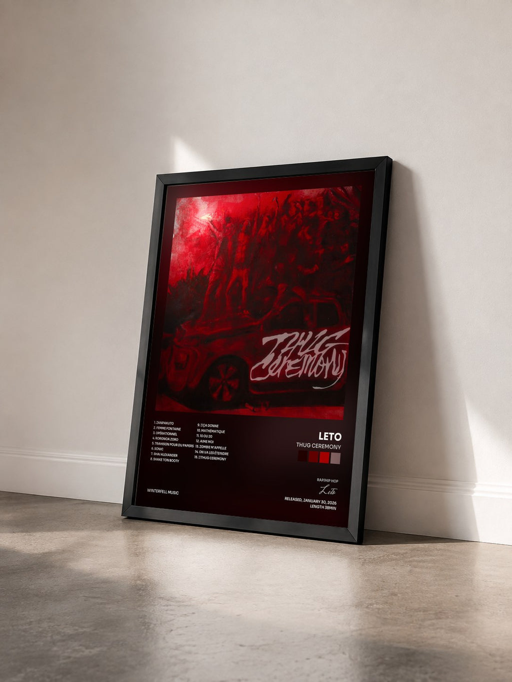 #noir Tableau de l'album THUG CEREMONY de Leto vu de trois quarts, cadre noir