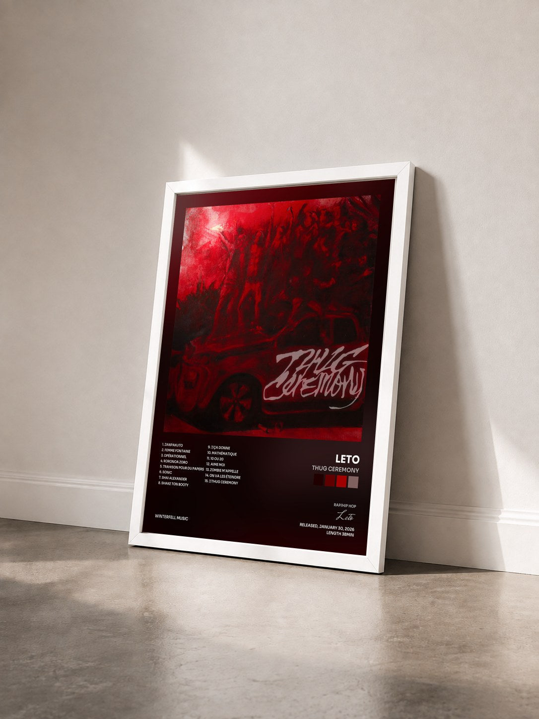 #blanc Tableau de l'album THUG CEREMONY de Leto vu de trois quarts, cadre blanc
