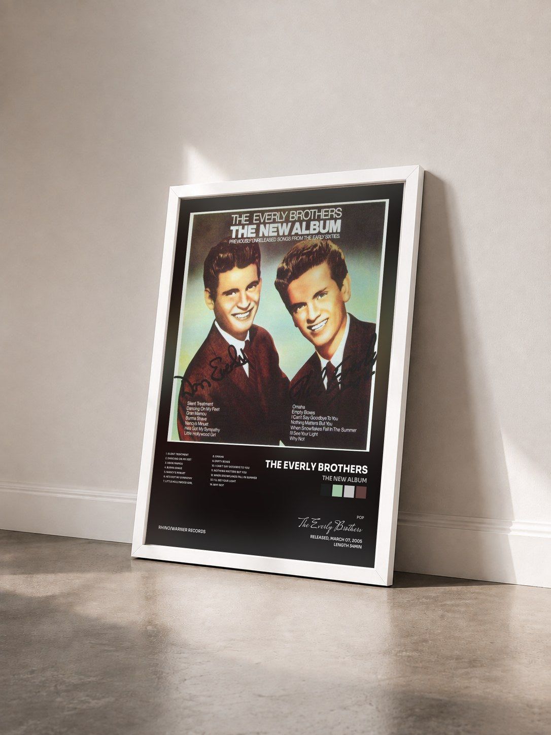 #blanc Tableau de l'album The New Album de The Everly Brothers vu de trois quarts, cadre blanc