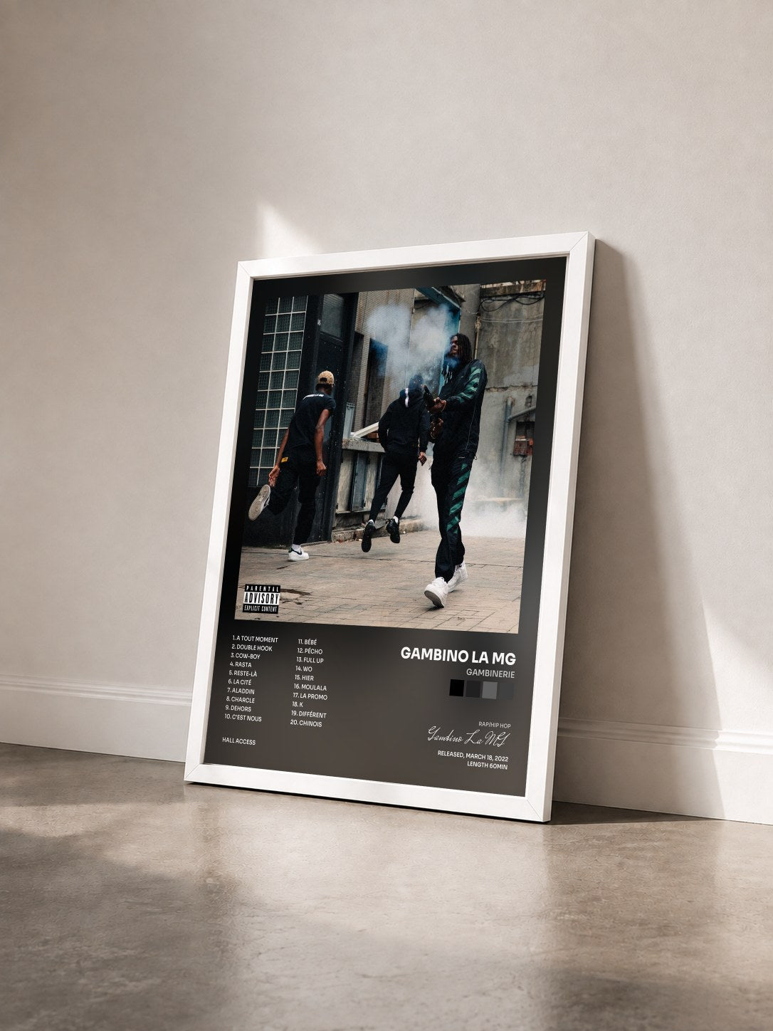 #blanc Tableau de l'album Gambinerie de Gambino La MG vu de trois quarts, cadre blanc